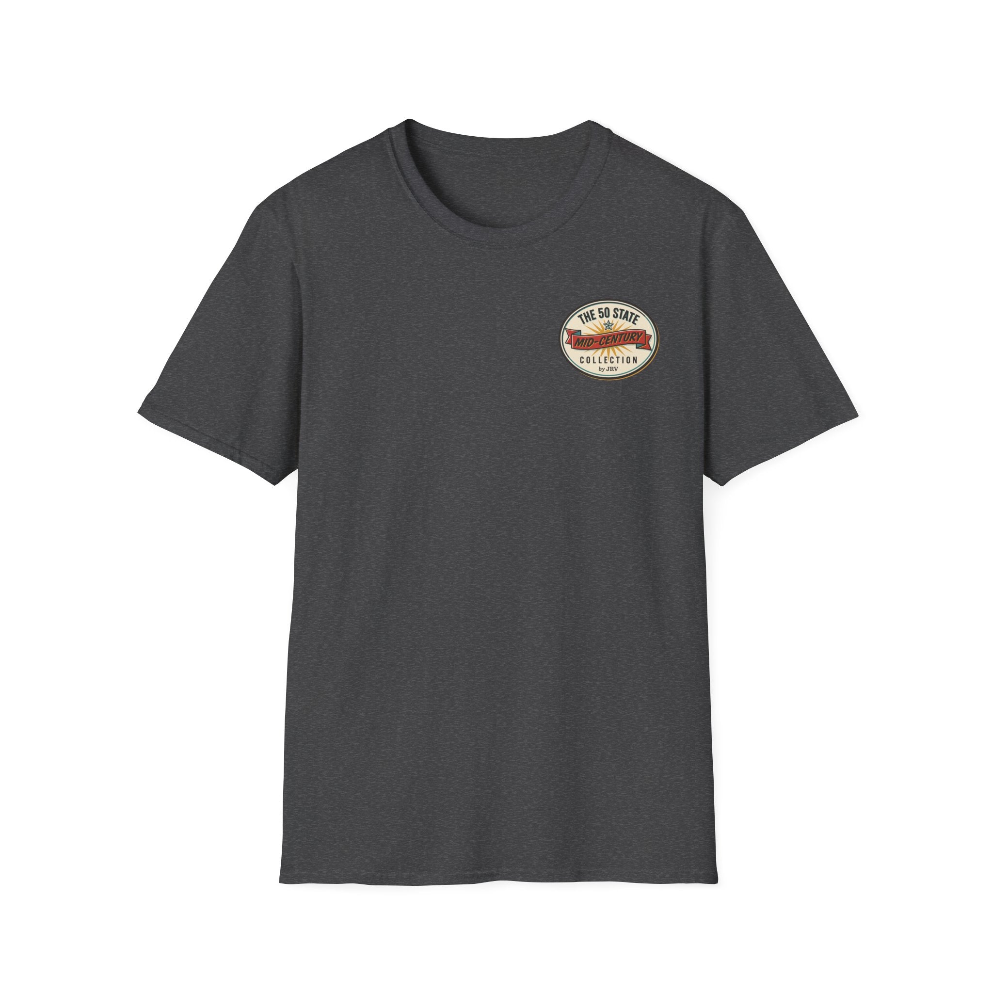 Charcoal short-sleeve T-shirt with small round logo patch on chest