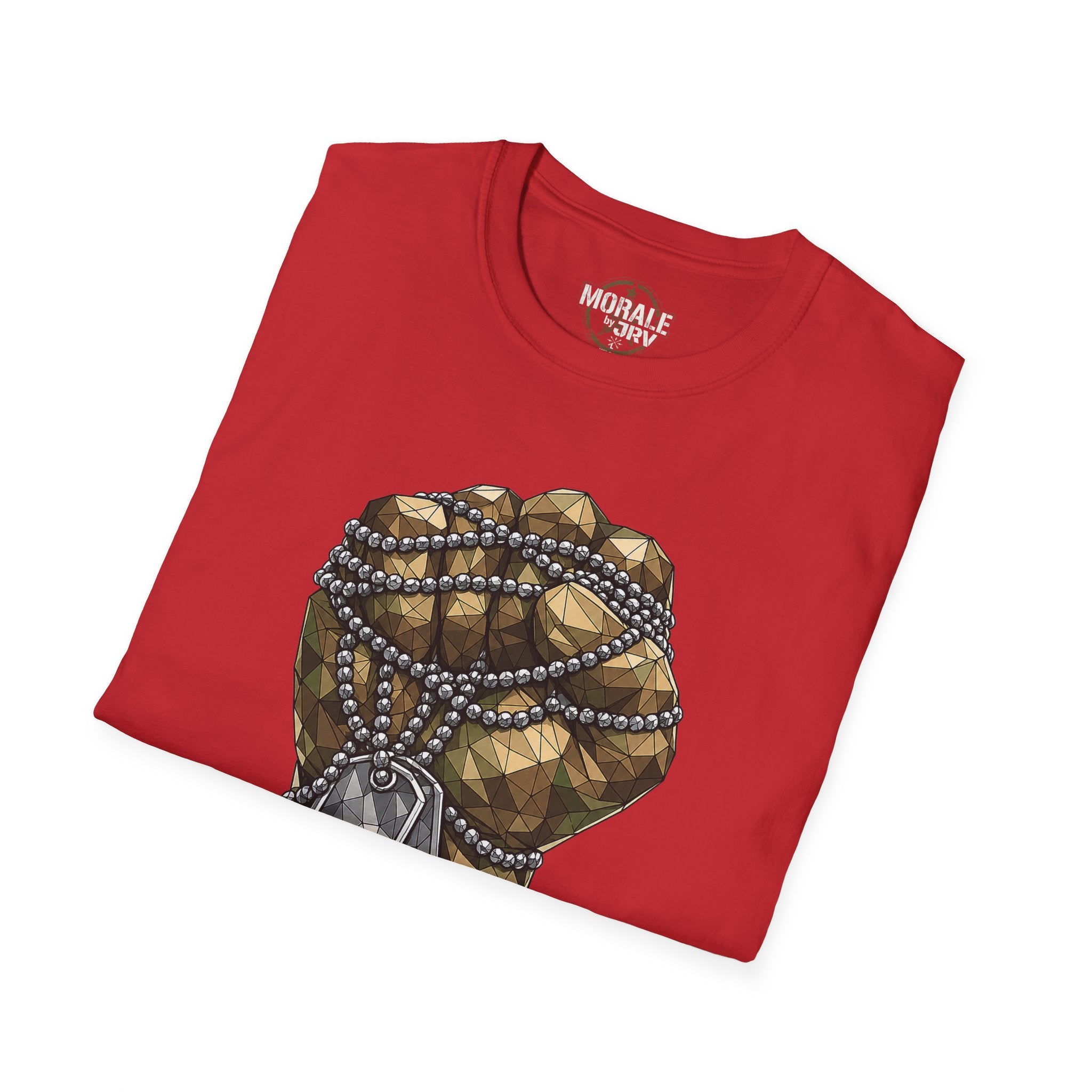 Red T-shirt with large dog-tag graphic on front