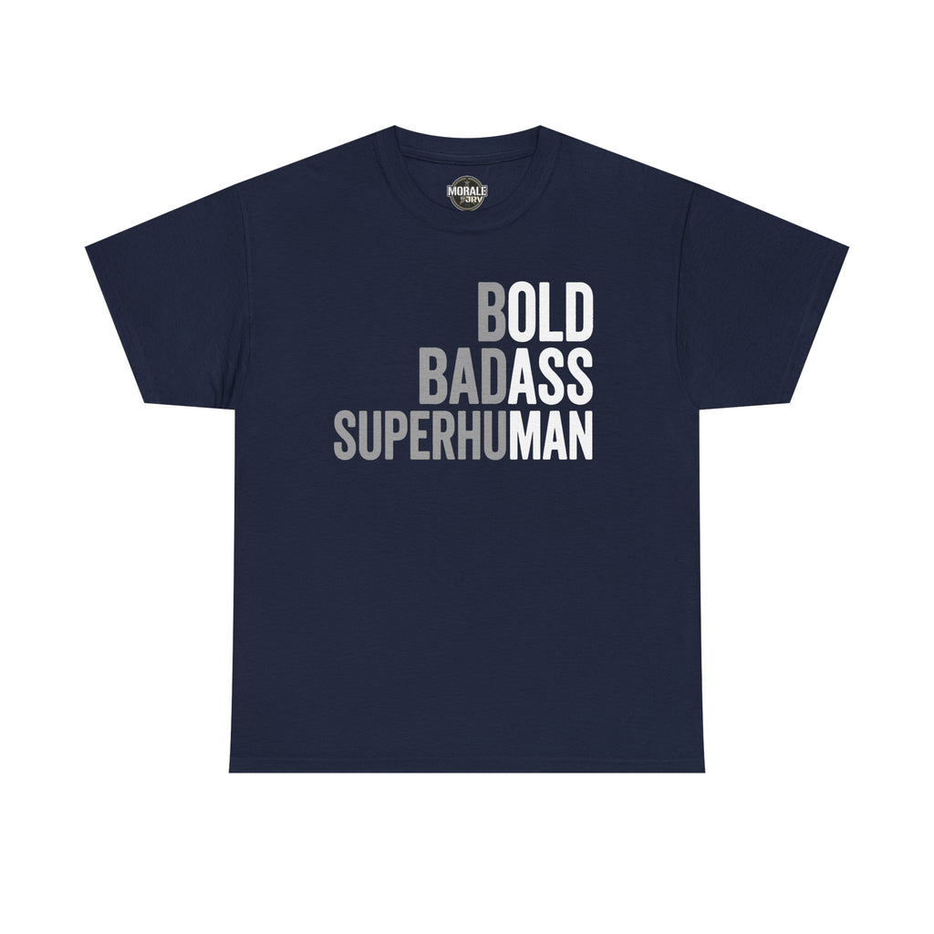 Men's navy graphic t-shirt with Bold Badass Superhuman slogan print