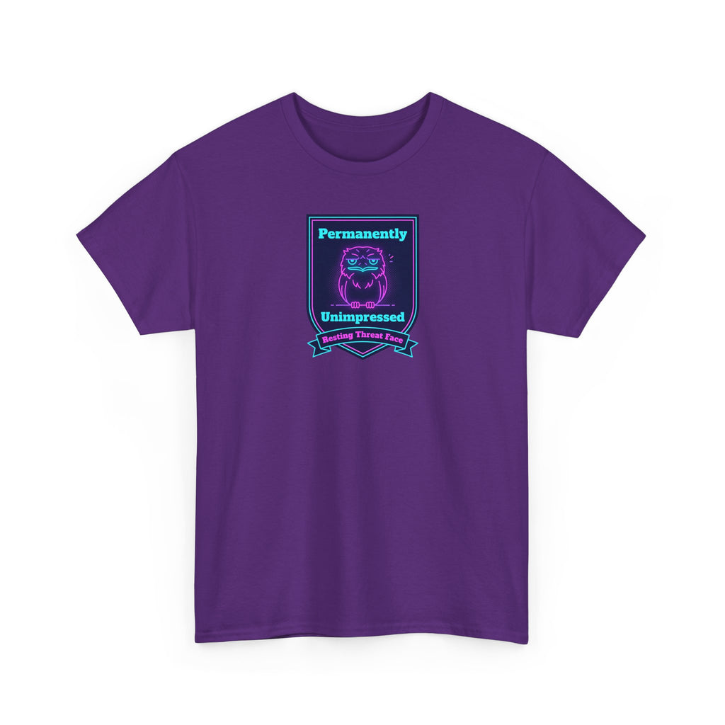 Permanently Unimpressed Badge Tee | Retro Neon Robot Design