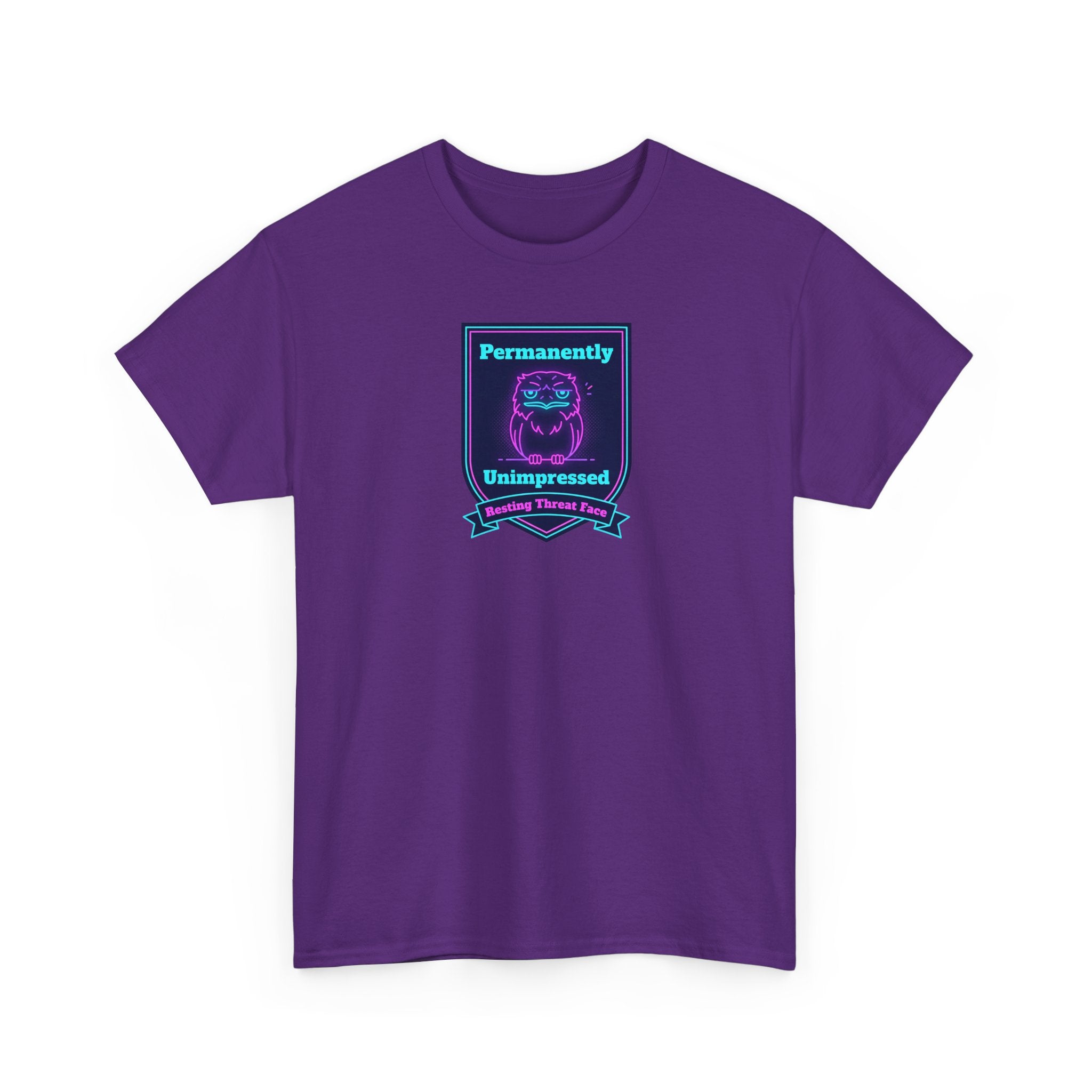 Permanently Unimpressed Badge Tee | Retro Neon Robot Design