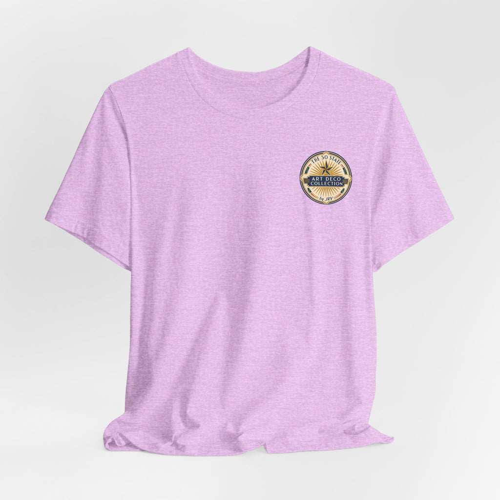 Purple short-sleeve T-shirt with round logo patch at upper chest