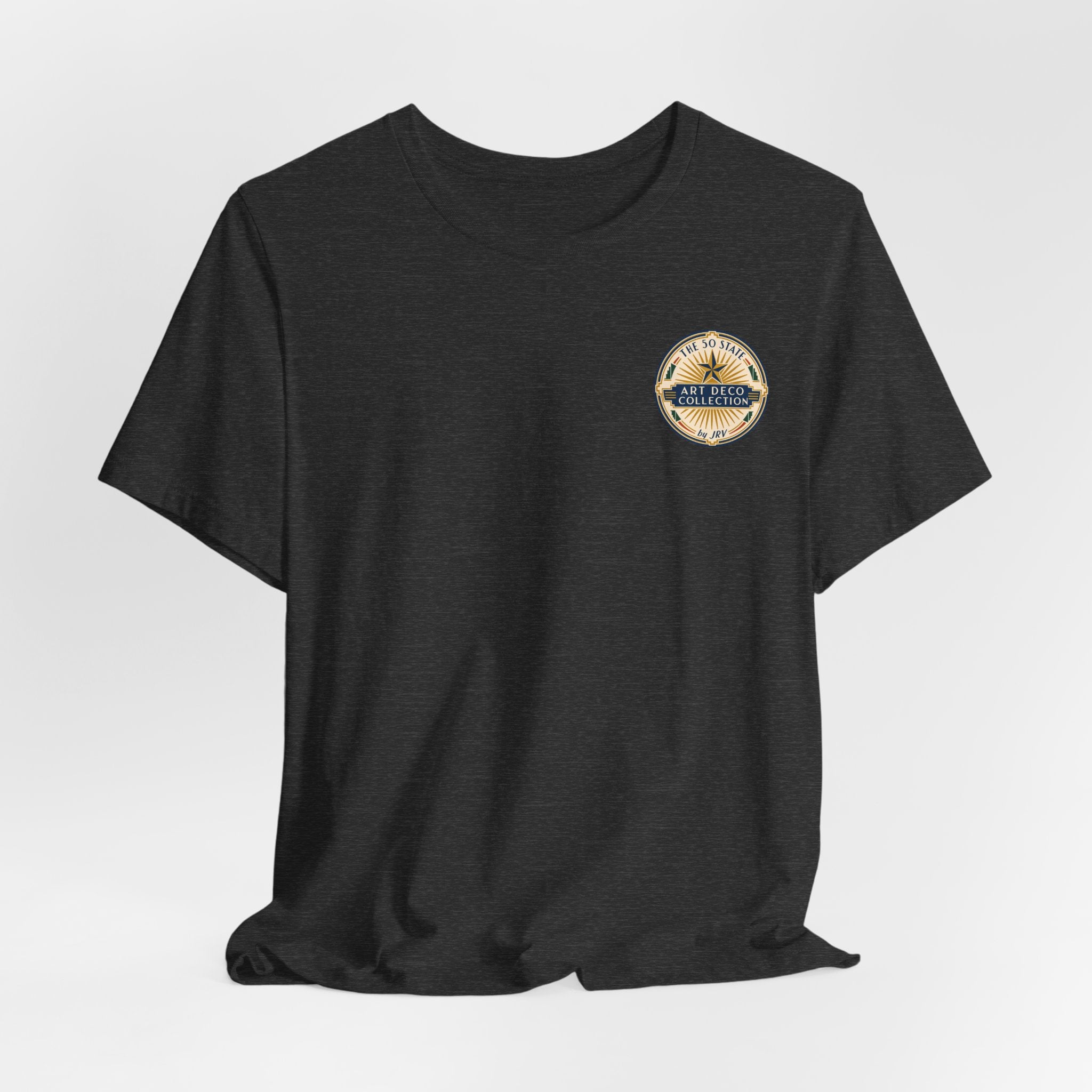 Black t-shirt with small round logo patch on the chest