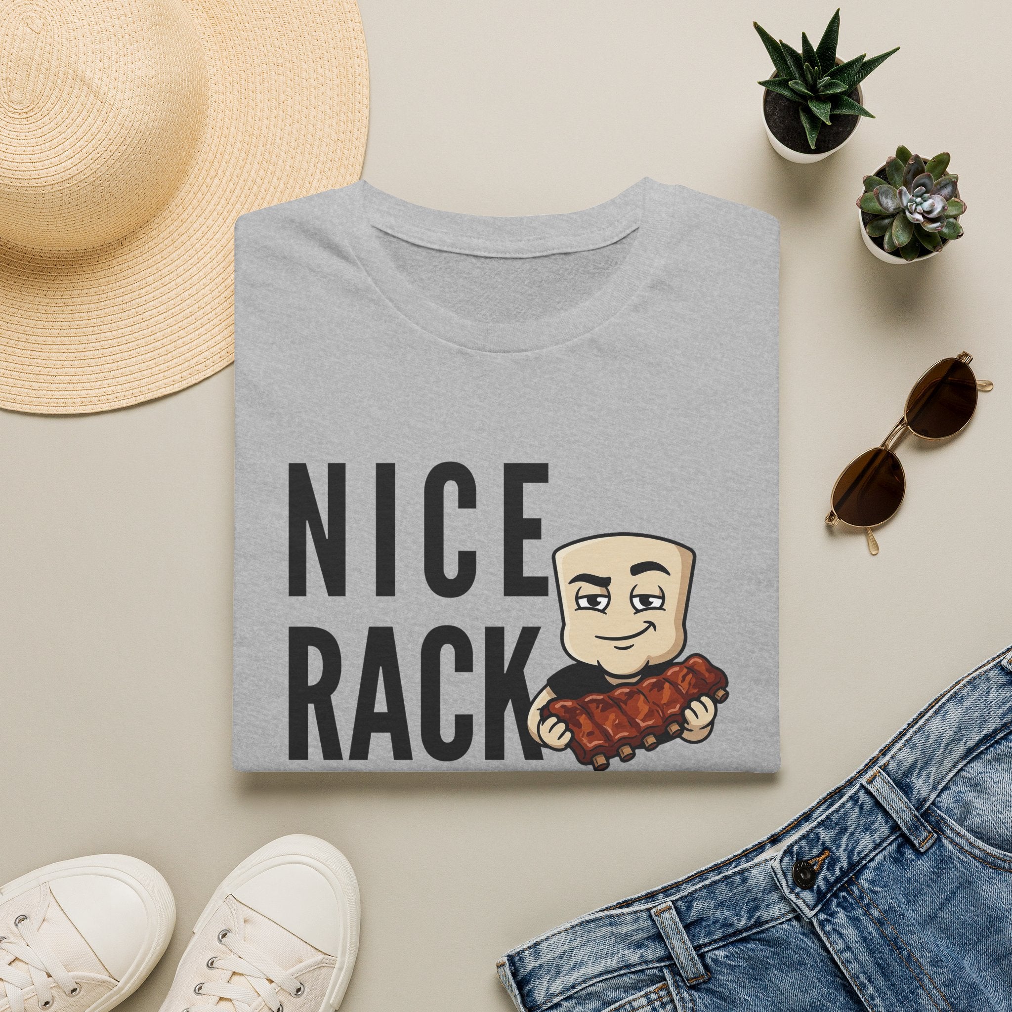 Nice Rack T-Shirt | Funny BBQ Ribs Grilling Tee | Cookout Humor Food Pun Gift
