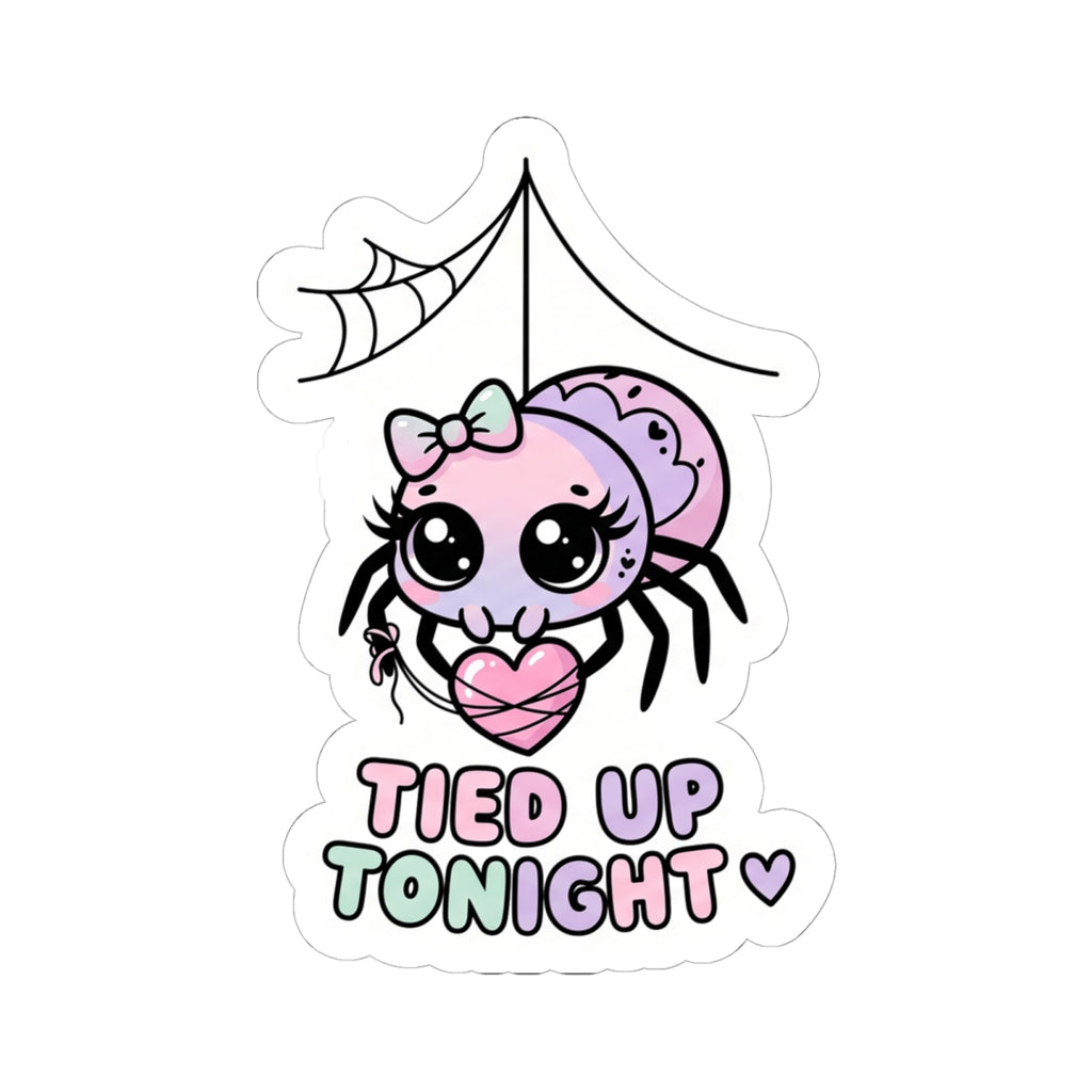 Kiss-cut sticker of a pink spider character with bow and heart, 'TIED UP TONIGHT'