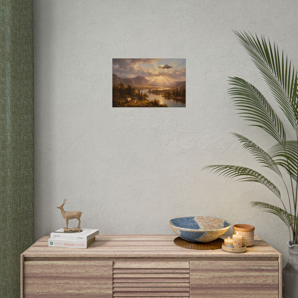 Landscape poster artwork with sunset mountains, river, and a flying saucer above