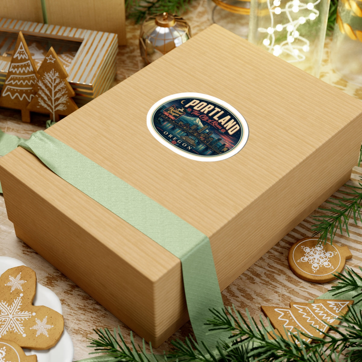 Round Portland Oregon luggage tag sticker on a wrapped gift box with teal ribbon detail