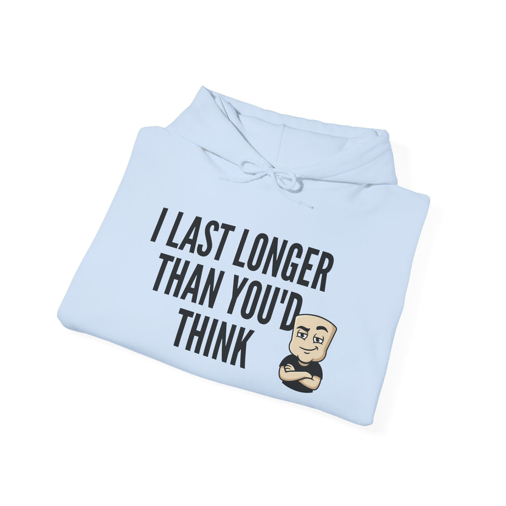 I Last Longer Than You'd Think Hoodie | Funny Adult Humor Beard Guy Graphic Sweatshirt Gift