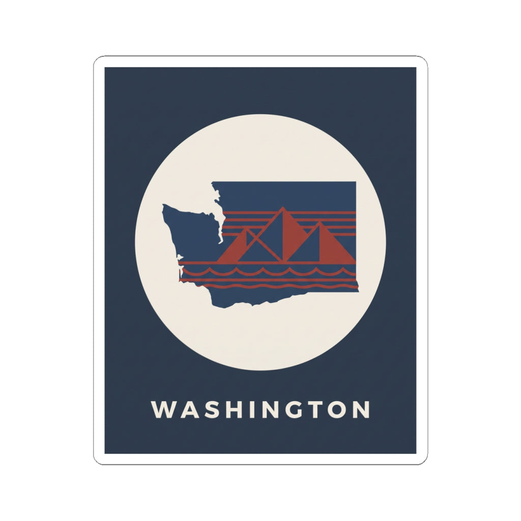 Washington graphic sticker, navy square with cream circle, blue state outline and red bridge, WASHINGTON