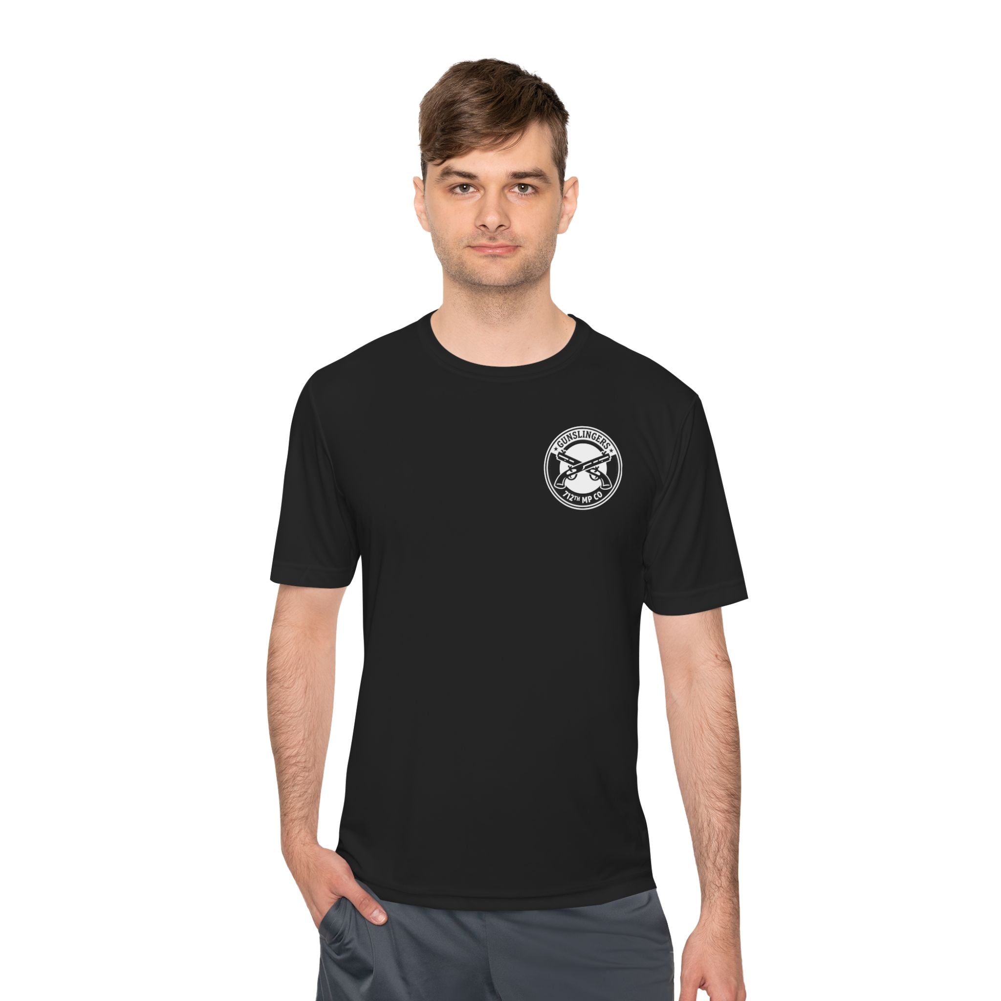 Black tactical T-shirt with crew neck and circular chest logo on model
