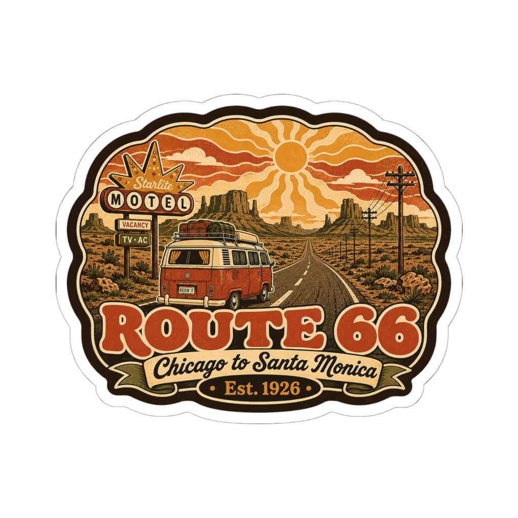 Route 66 sticker badge: Motel sign, red van, and Route 66 Chicago to Santa Monica