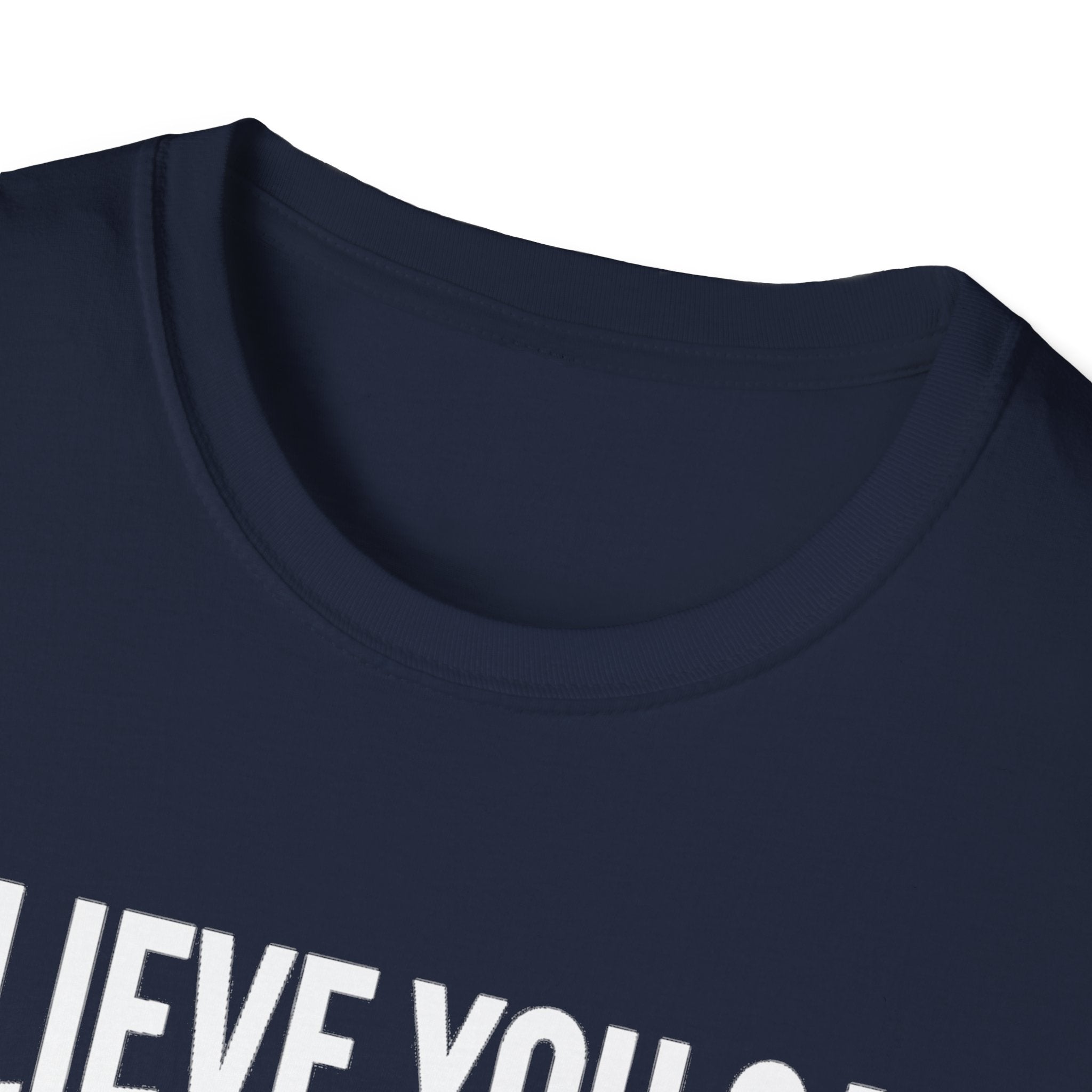 Navy crew neck T-shirt close-up with partial white text