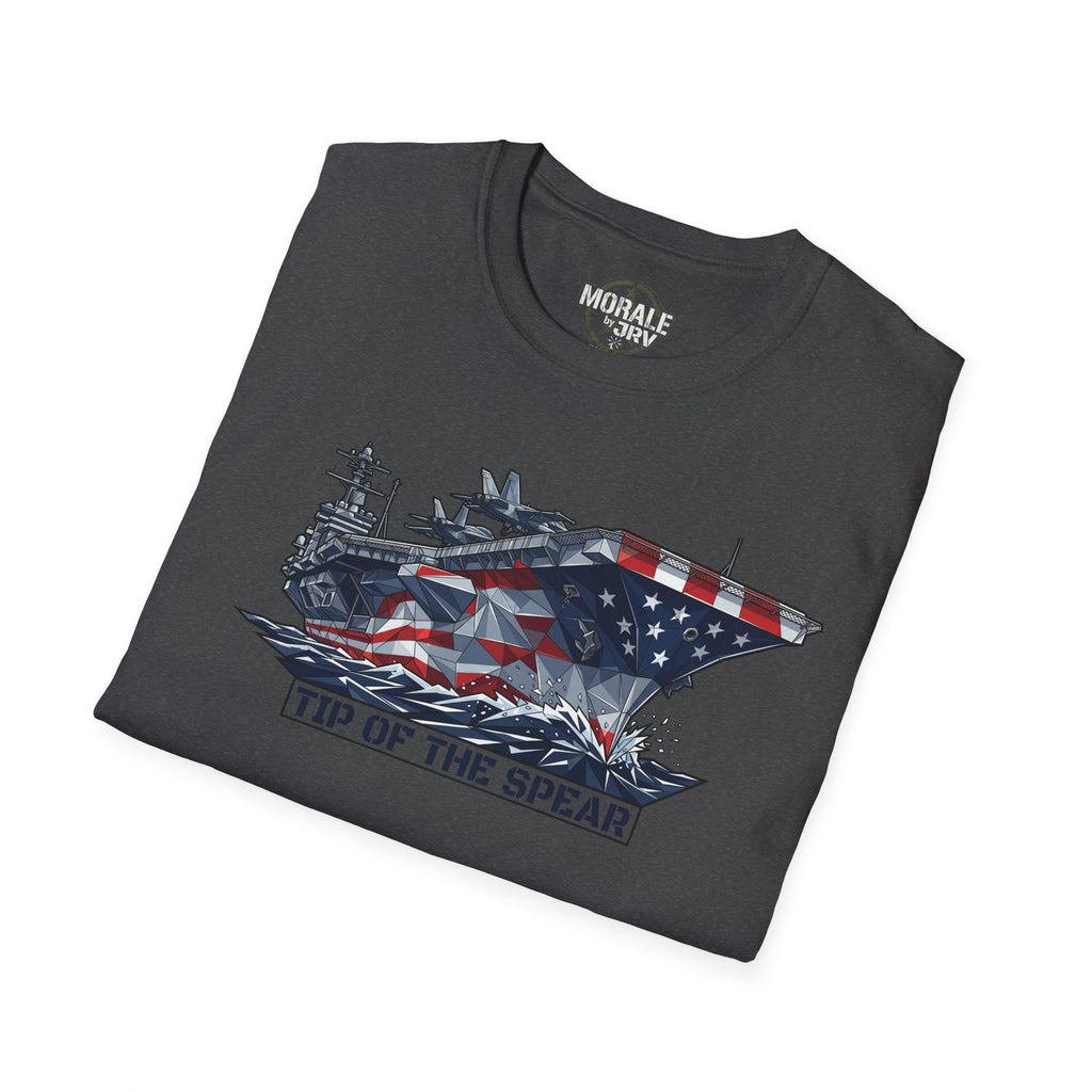 Charcoal gray T-shirt with aircraft carrier graphic and “TIP OF THE SPEAR” text