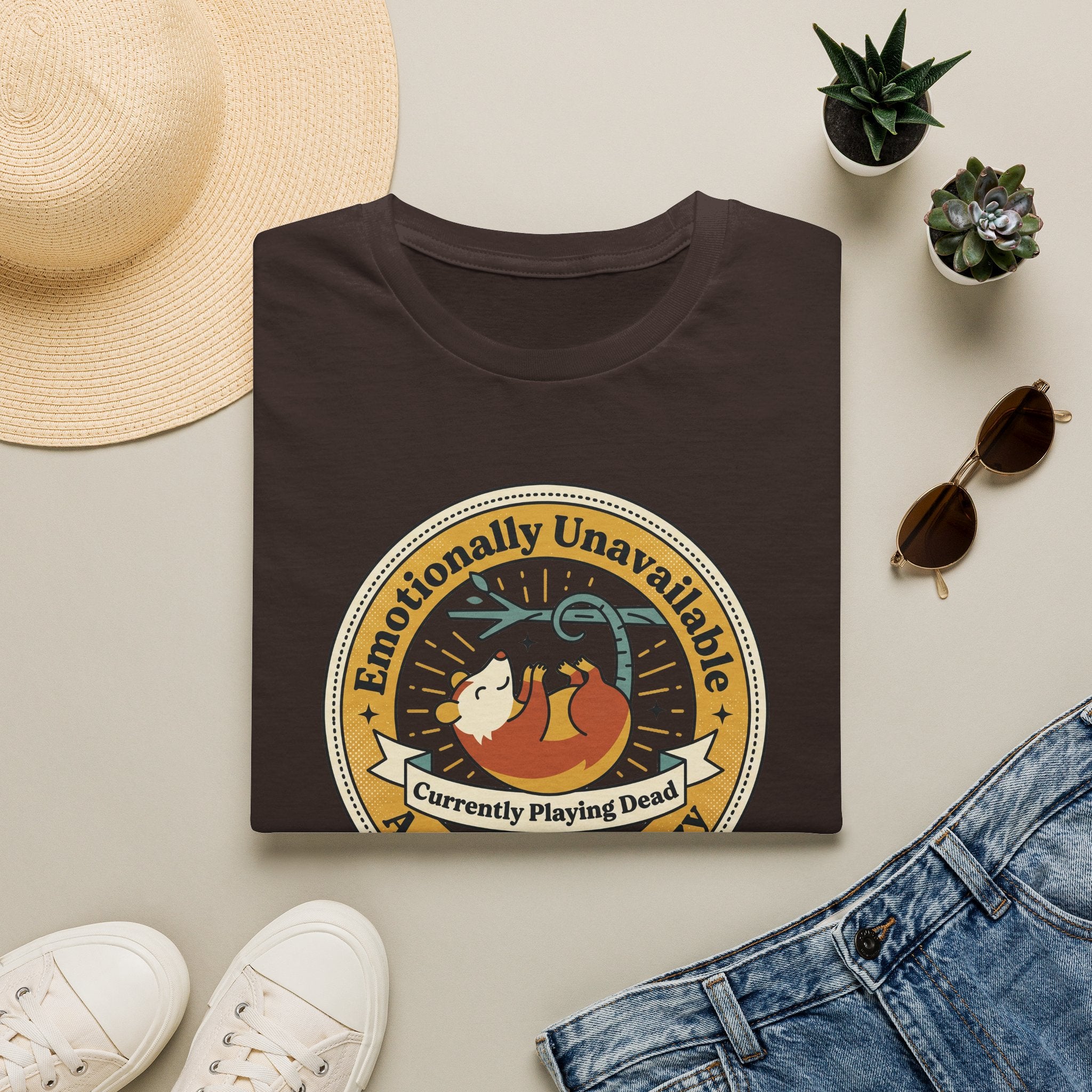 Dark chocolate sloth graphic T-shirt with round "Currently Playing Dead" logo