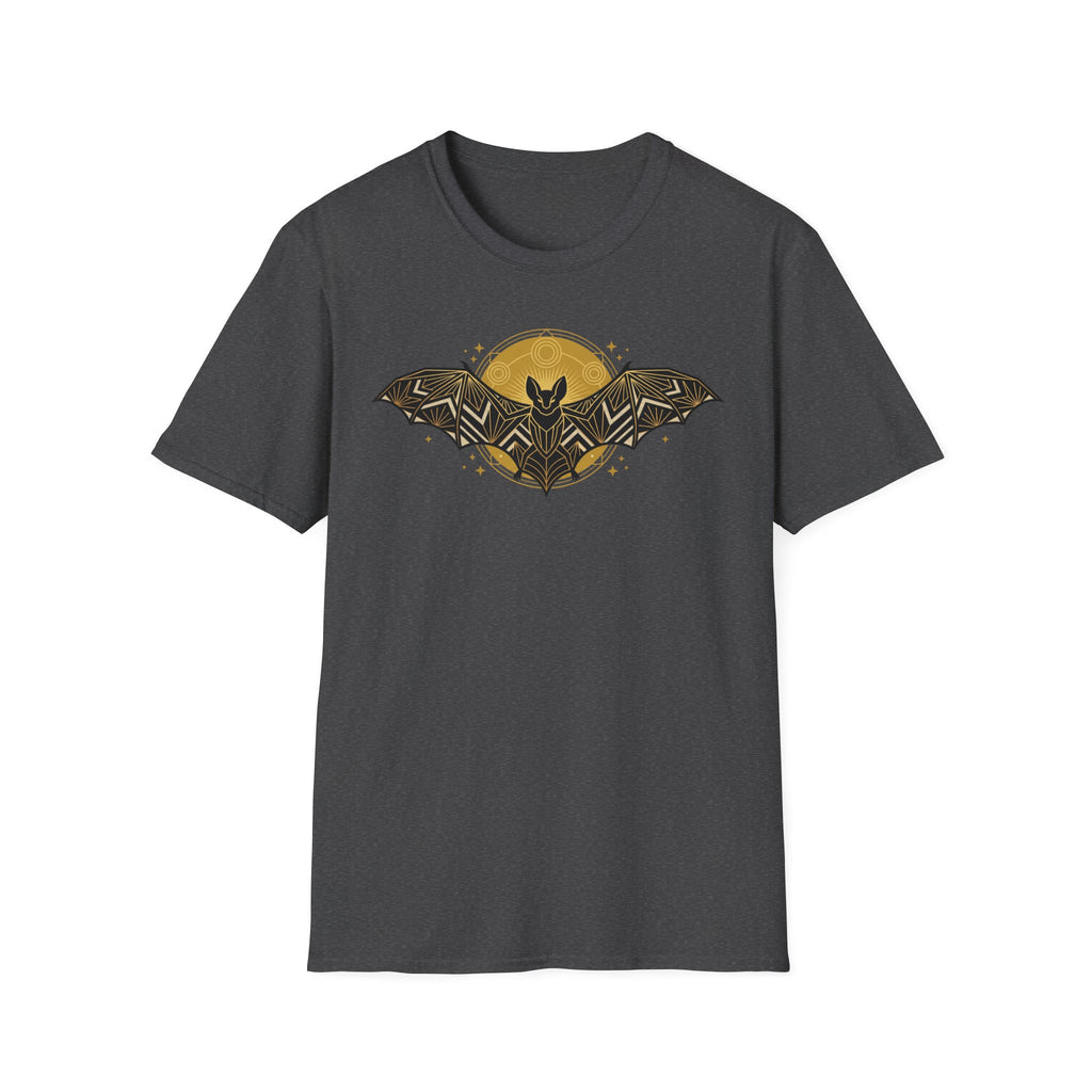 Dark heather bat T-shirt with yellow moon and geometric bat graphic