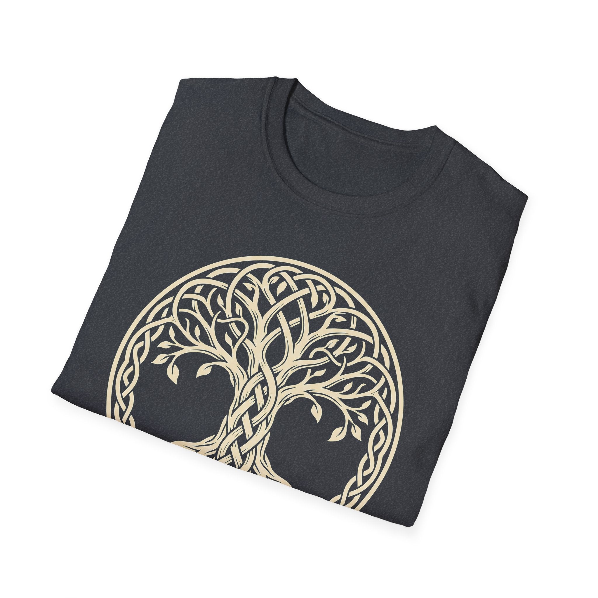 Celtic Tree of Life T-shirt with gold knotwork tree in a circular design, dark heather