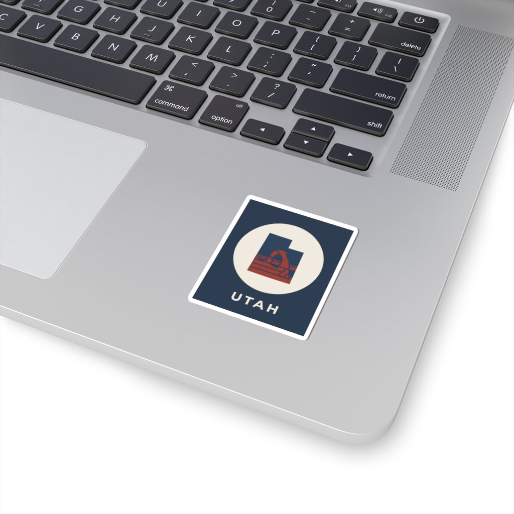 Utah state arch kiss-cut sticker, square navy design with Utah wordmark
