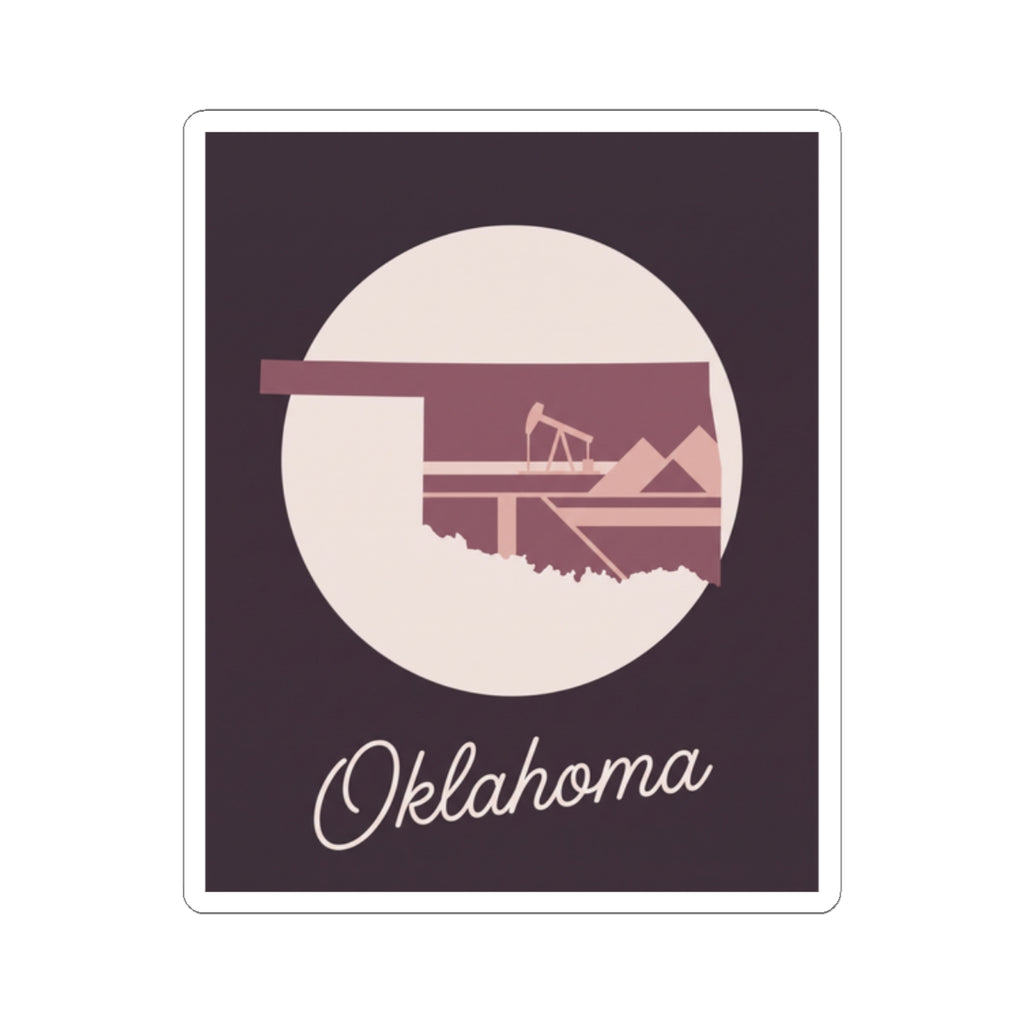 Oklahoma state sticker decal: maroon square with oil derrick silhouette and Oklahoma script