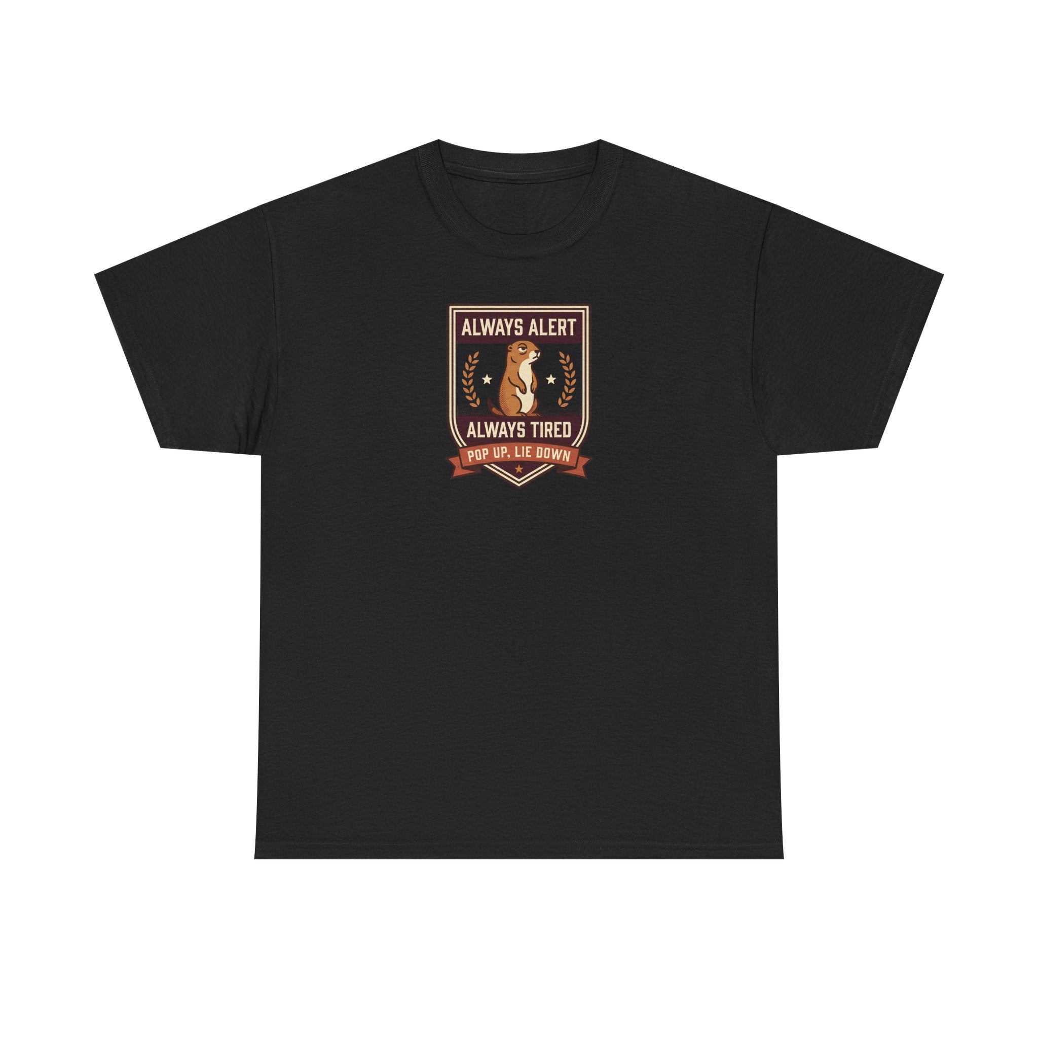 Always Alert Always Tired Badge Tee | Funny Sleepy Squirrel Shirt