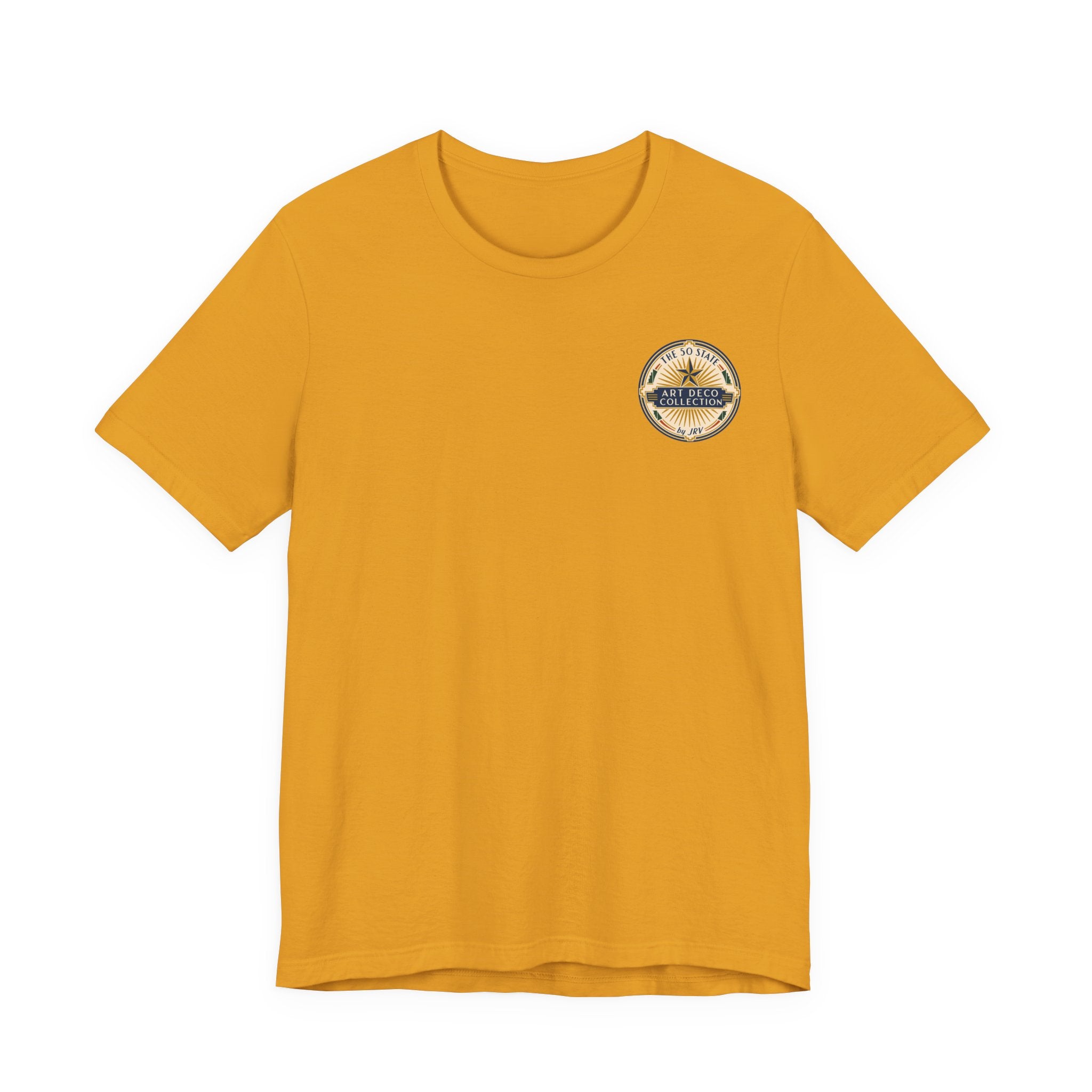 Mustard T-shirt with small round vintage logo patch on left chest