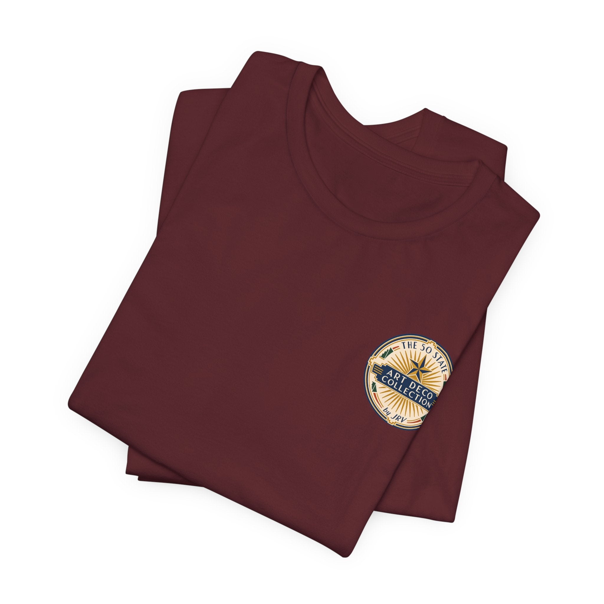 Burgundy T-shirt with small round chest logo patch, folded pair