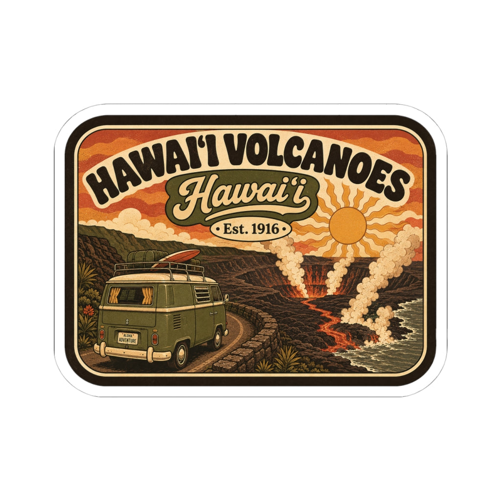 Kiss-cut travel sticker showing Hawaii Volcanoes and Hawaii Est. 1916, lava eruption, green van