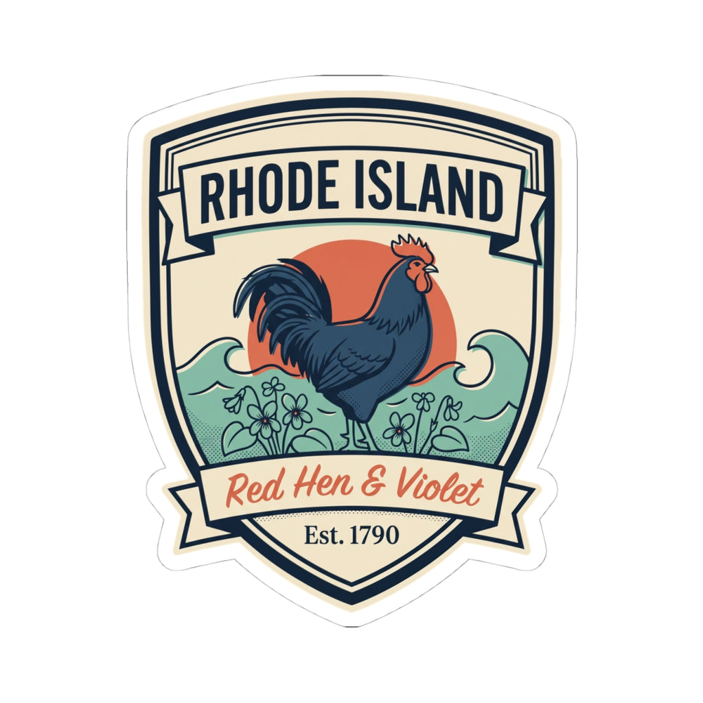 Kiss-cut Rhode Island badge sticker featuring rooster art and "Est. 1790"