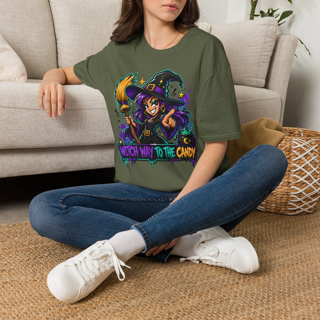 Witch Way To The Candy T-Shirt | Funny Halloween Witch Graphic Tee | Spooky Season Gift | Trick or Treat Shirt
