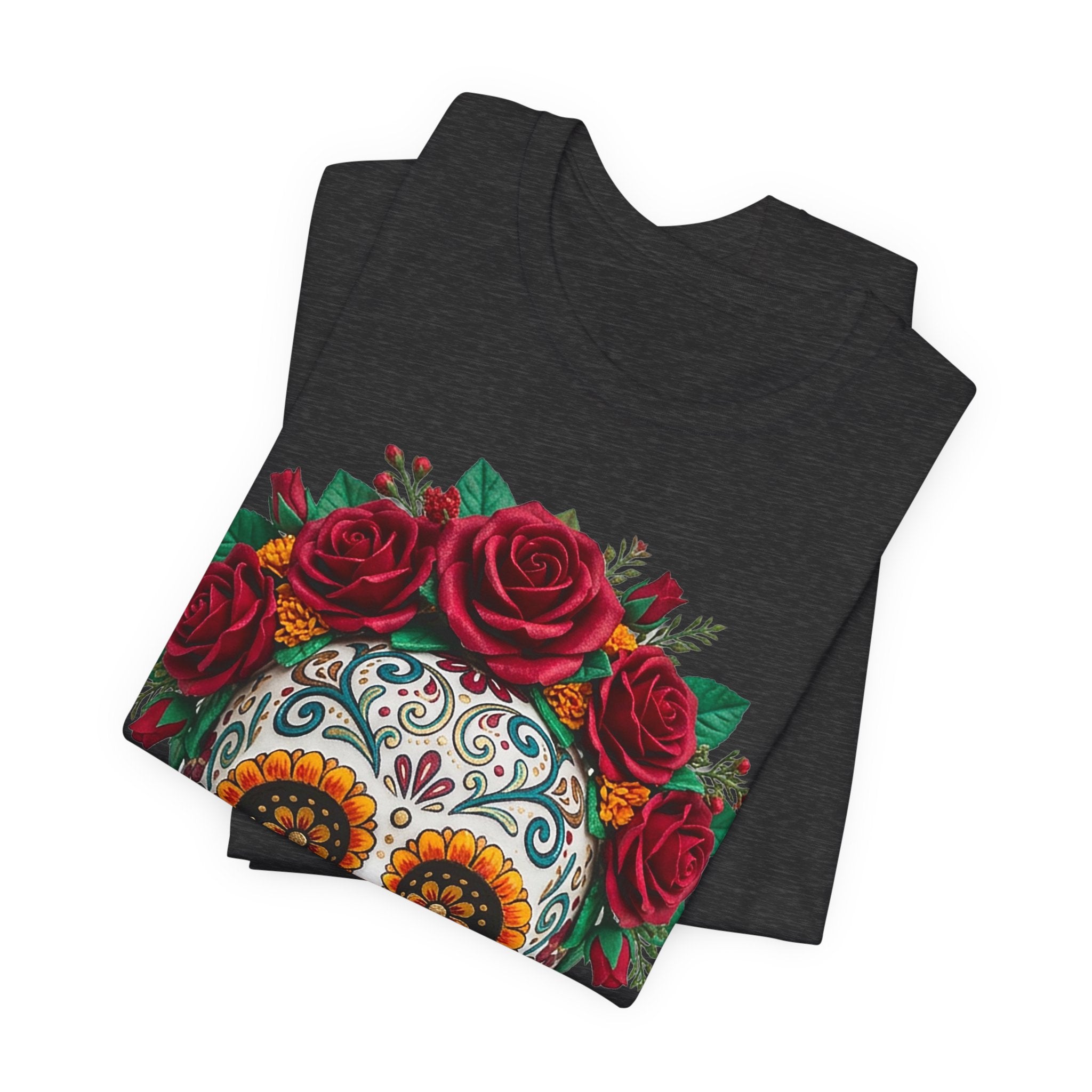 Dark Grey Heather T-shirt with sugar skull face and red rose crown graphic