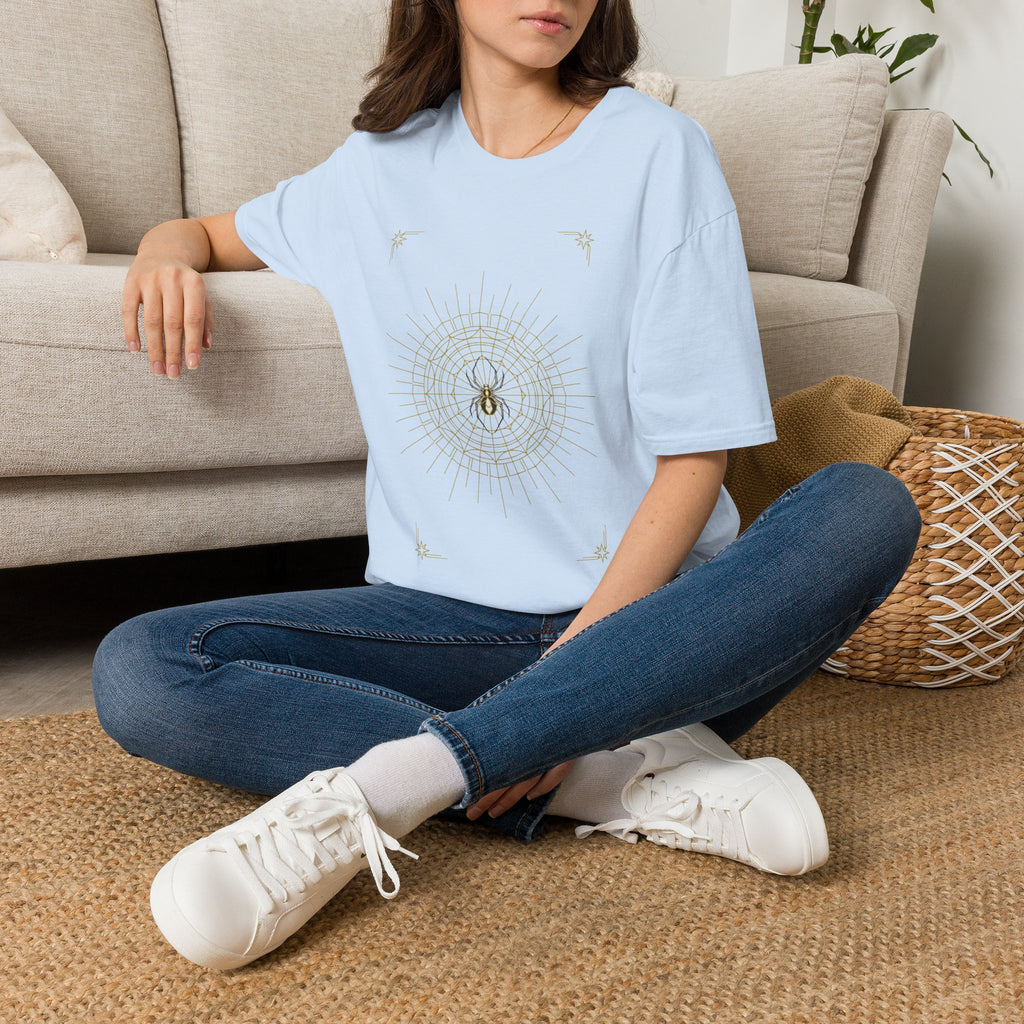 Light blue T-shirt with gold web mandala graphic on the front