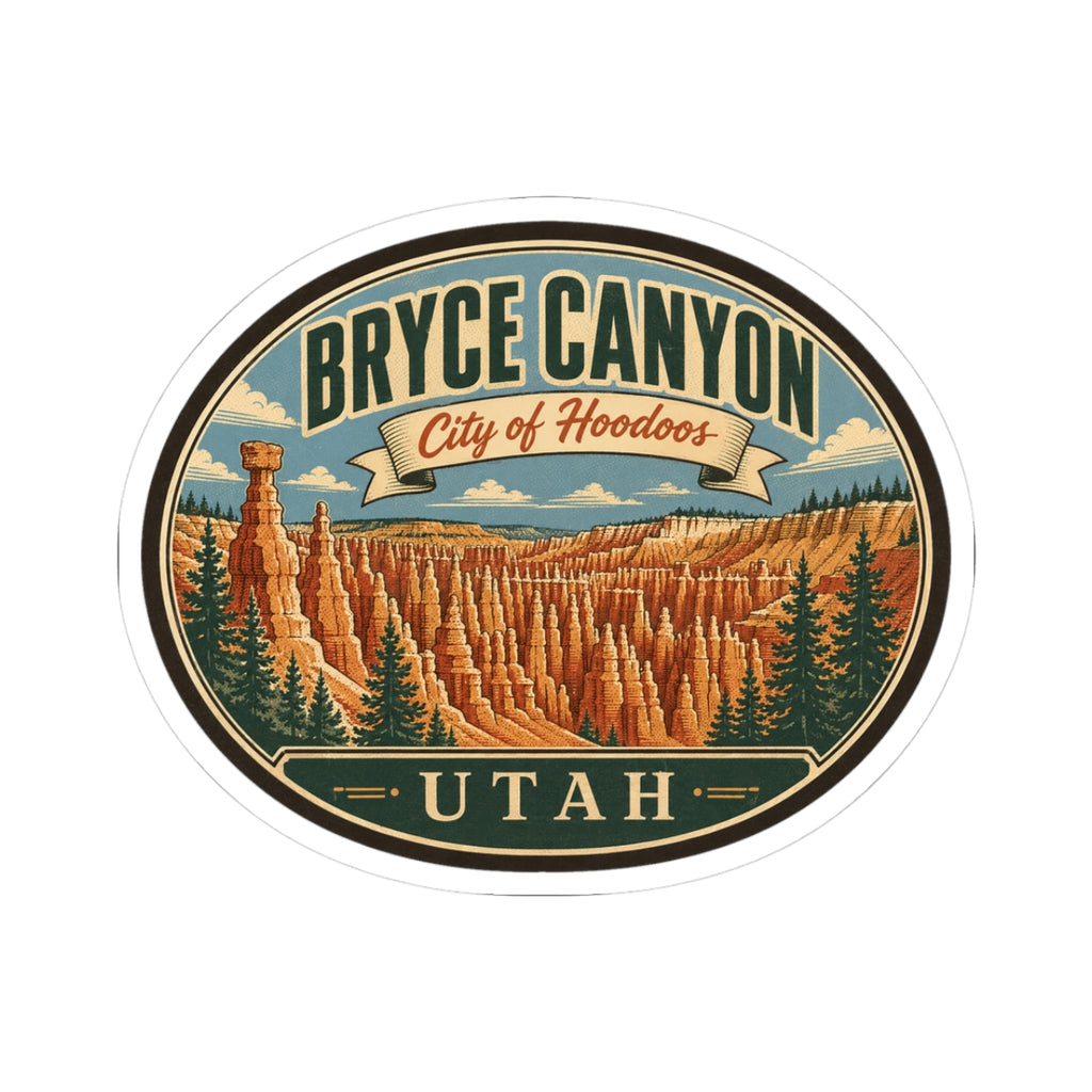Round sticker with Bryce Canyon hoodoo landscape, 'City of Hoodoos' banner, 'UTAH' text.