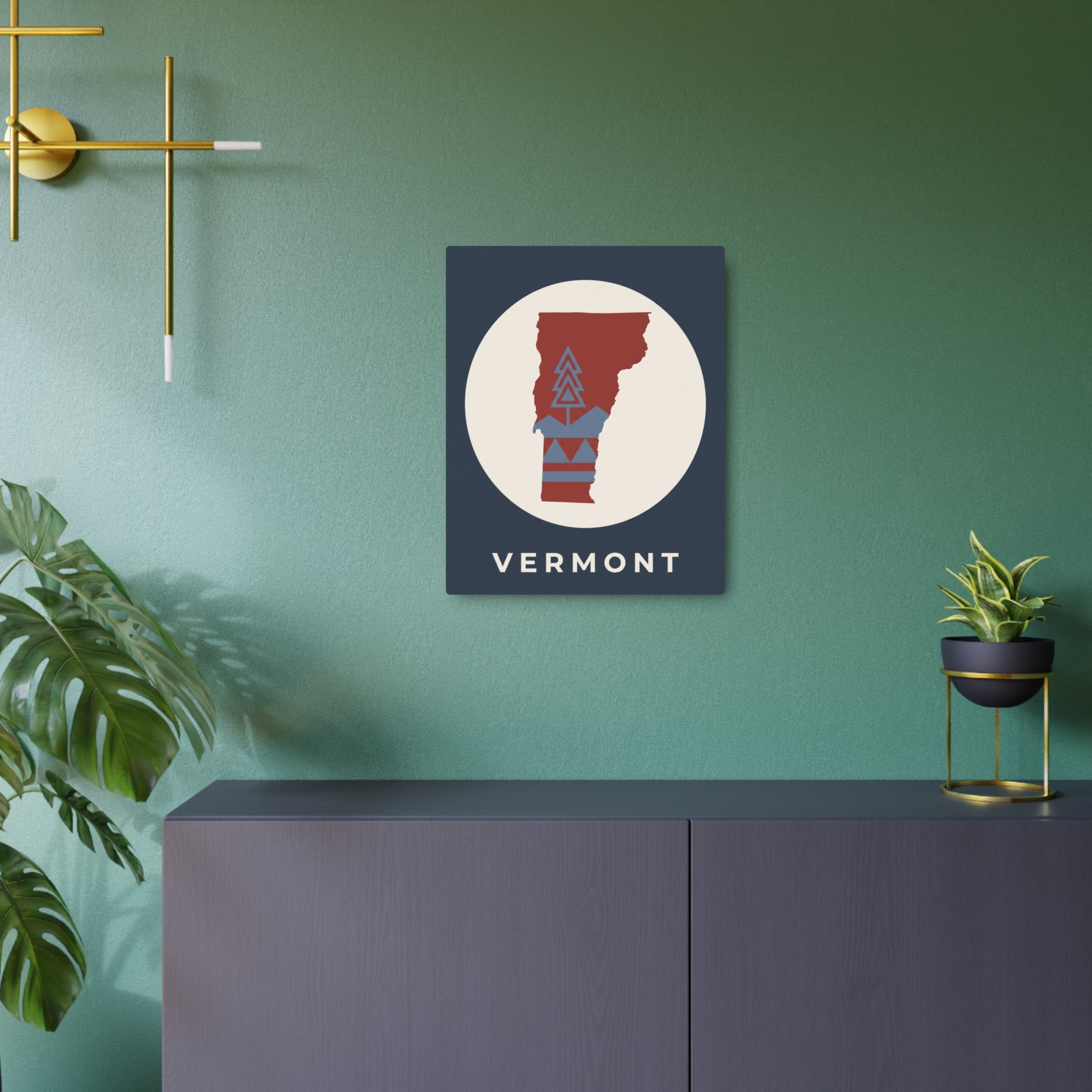 Square Vermont state metal wall art sign with tree graphic and VERMONT text