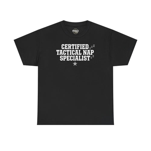 Black crew-neck T-shirt with “Certified Tactical Nap Specialist” text graphic and star