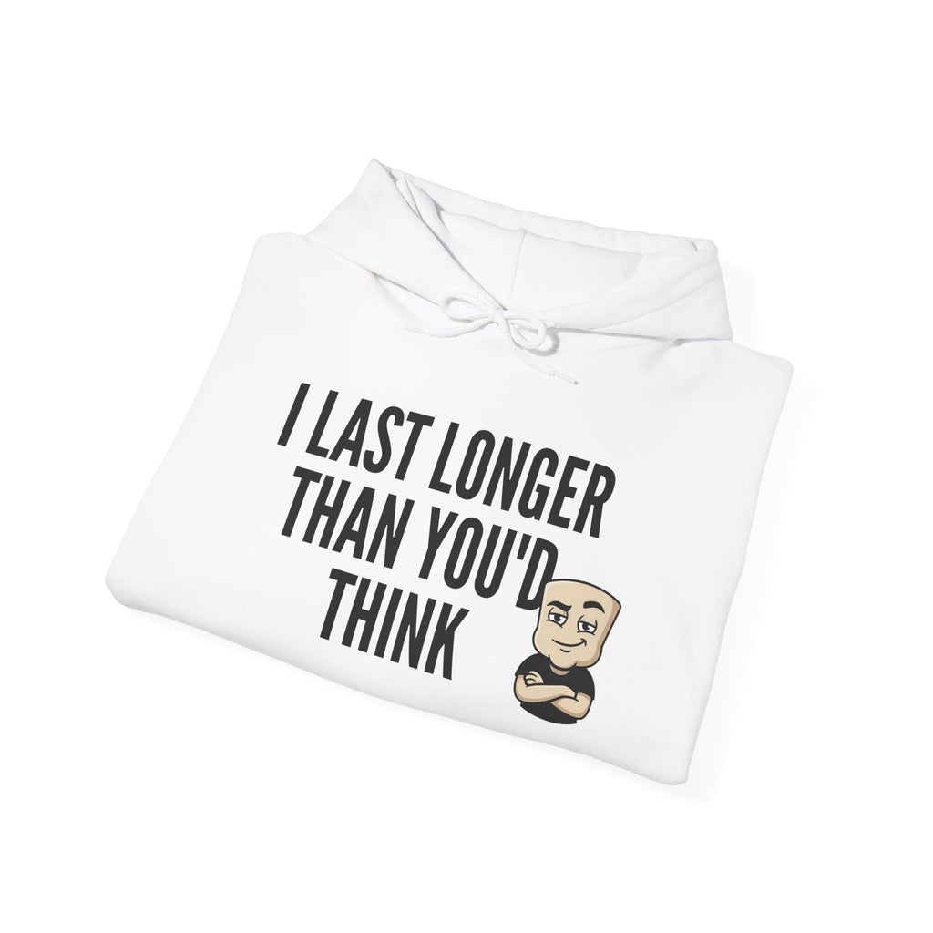 I Last Longer Than You'd Think Hoodie | Funny Adult Humor Beard Guy Graphic Sweatshirt Gift