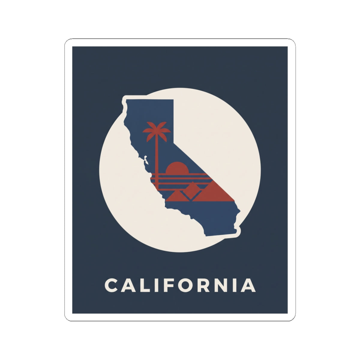 California silhouette kiss-cut sticker with navy background, white circle, red sunset, "CALIFORNIA"