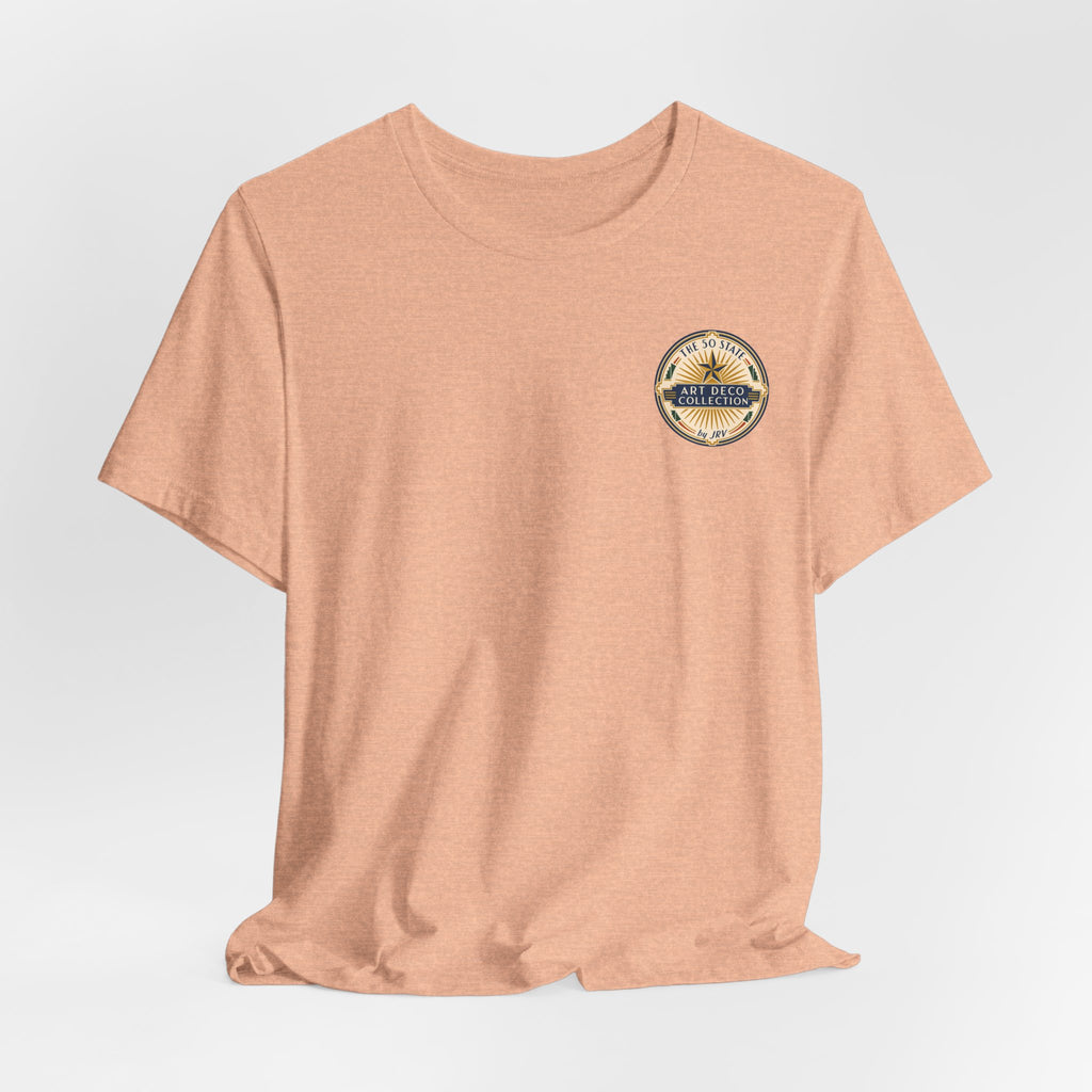 Peach short-sleeve crewneck T-shirt with small circular logo patch on chest