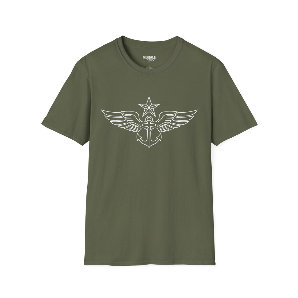 Military green t-shirt with white winged anchor and star emblem