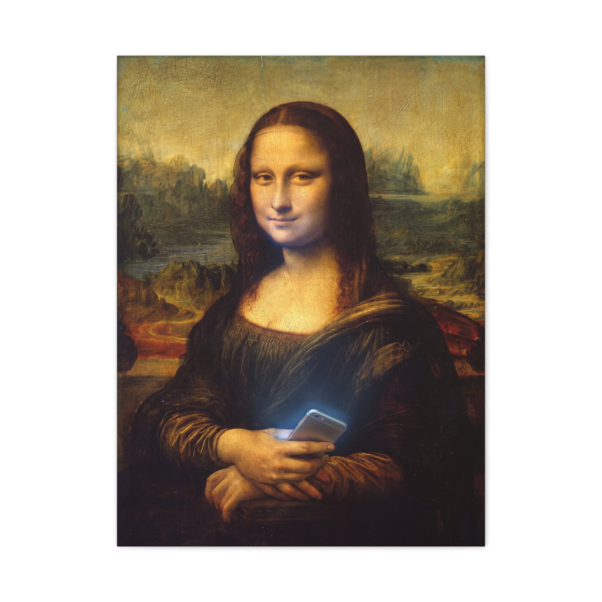 Matte canvas wall art of Mona Lisa holding a glowing smartphone, portrait centered