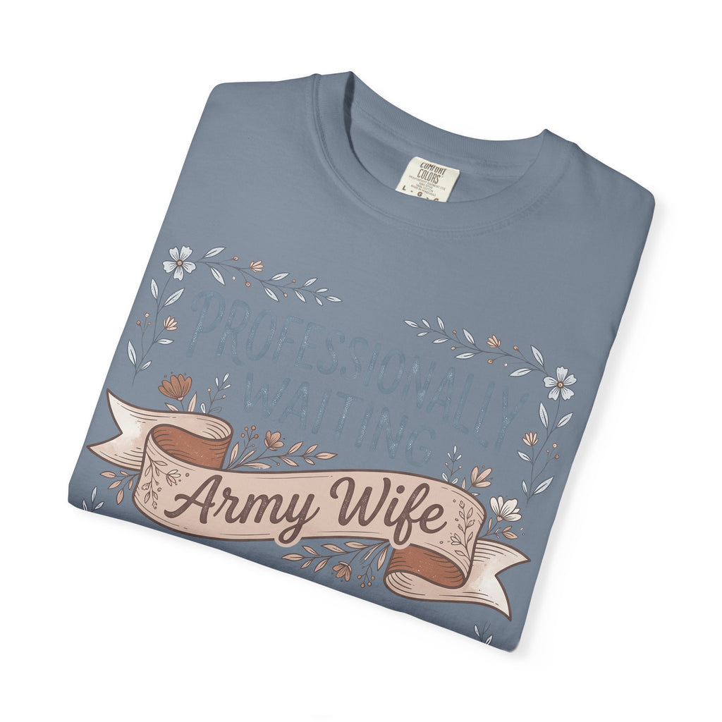 Light blue-gray folded crewneck t-shirt with floral ribbon “Army Wife” graphic