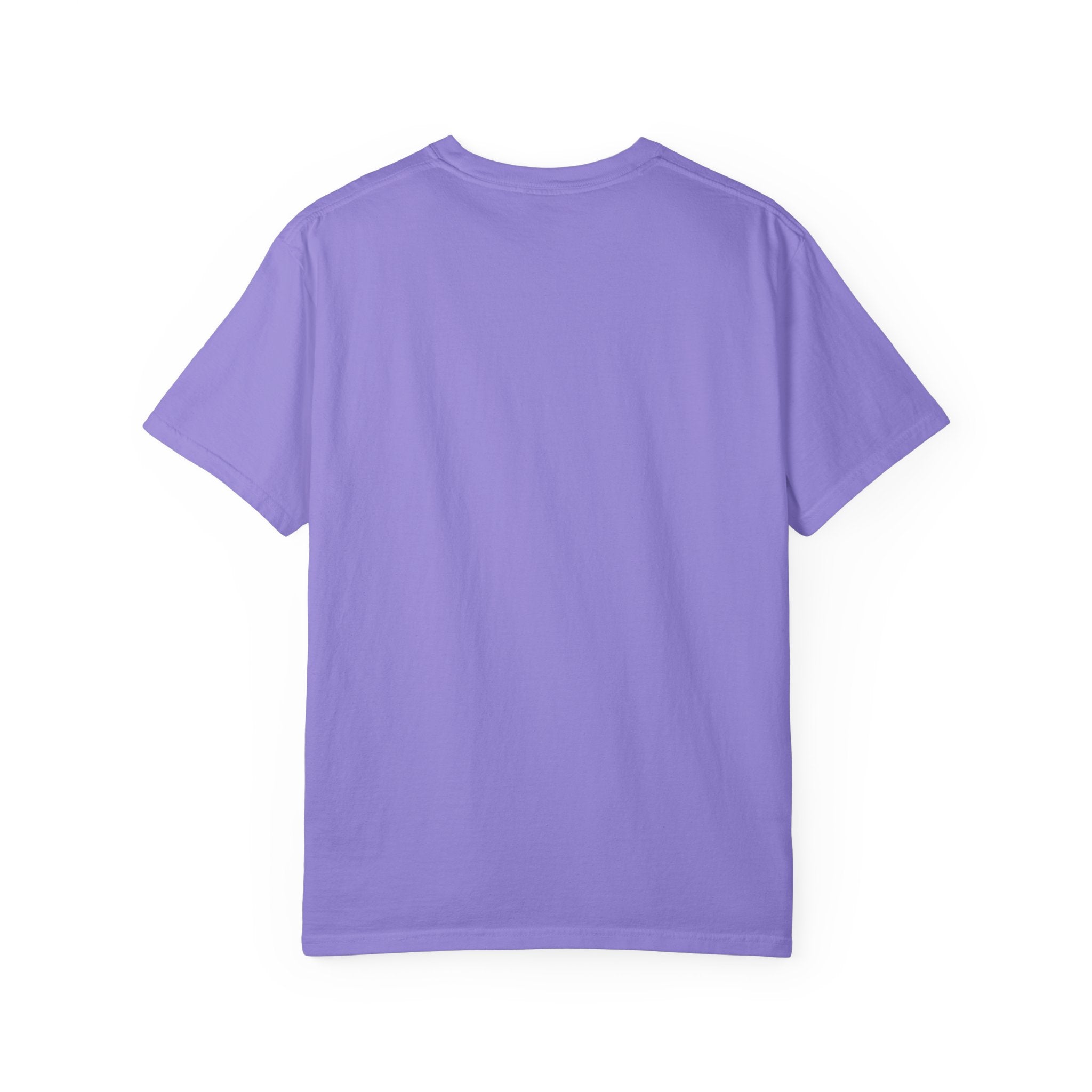 Purple crew neck graphic t-shirt, no visible front print