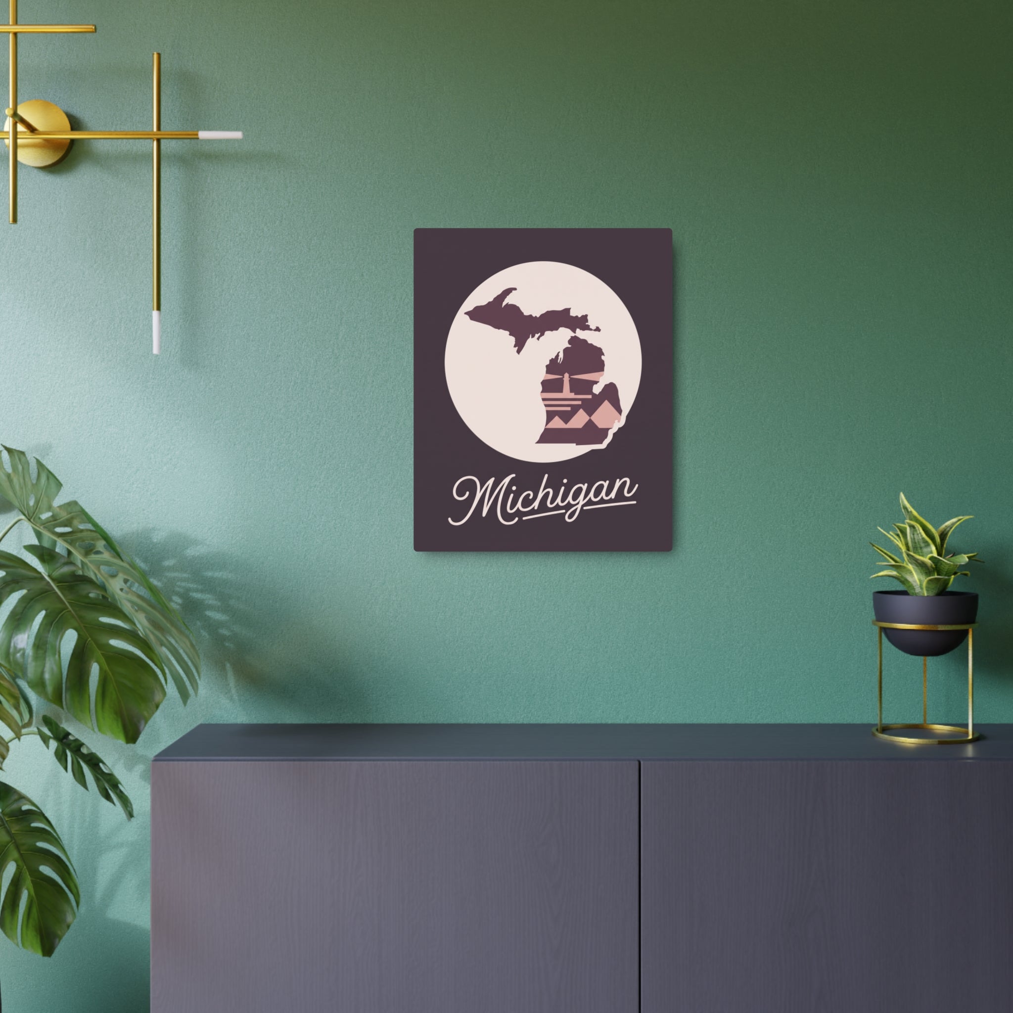 Blush and mauve square metal sign with circular Michigan map silhouette and 'Michigan' script.