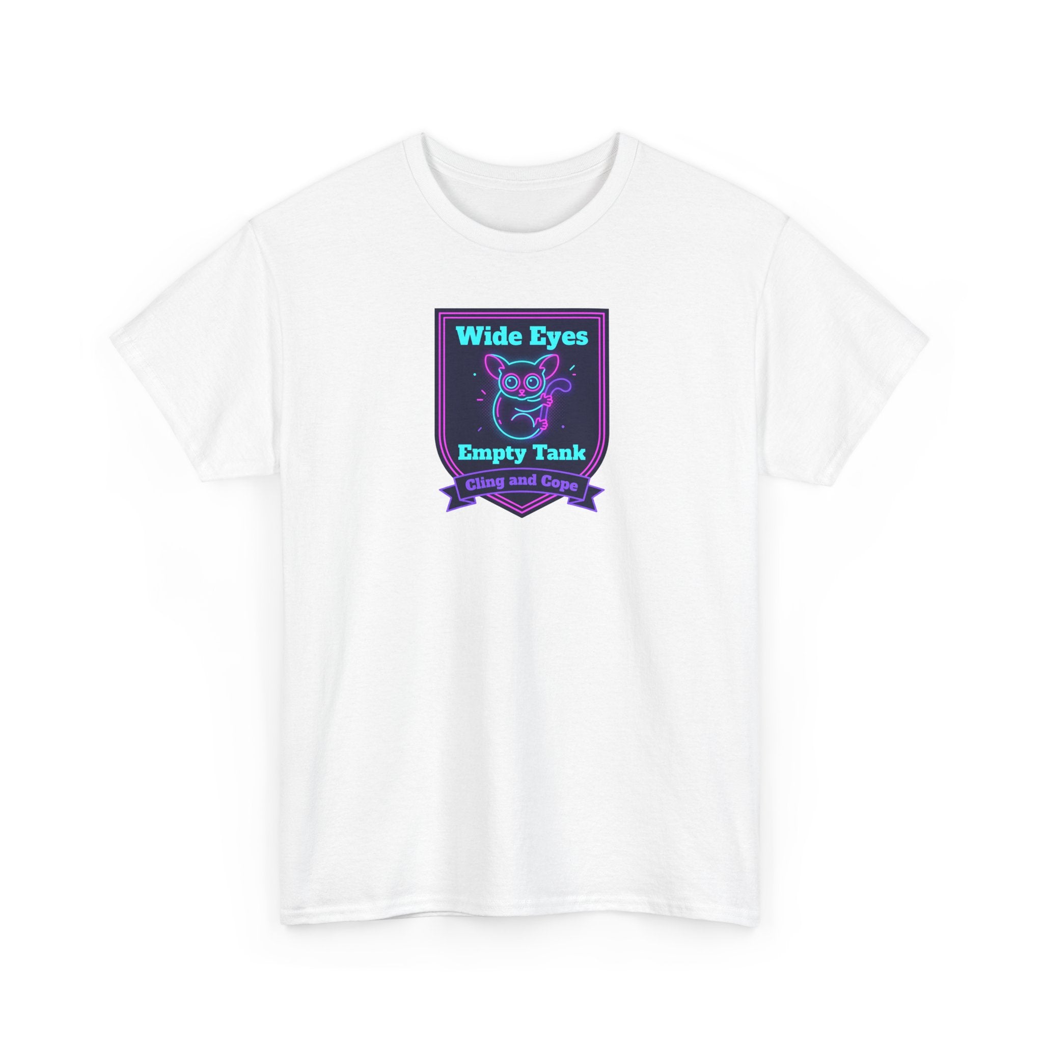 Wide Eyes Empty Tank T-shirt | Owl Illustration, Neon Purple & Teal Badge