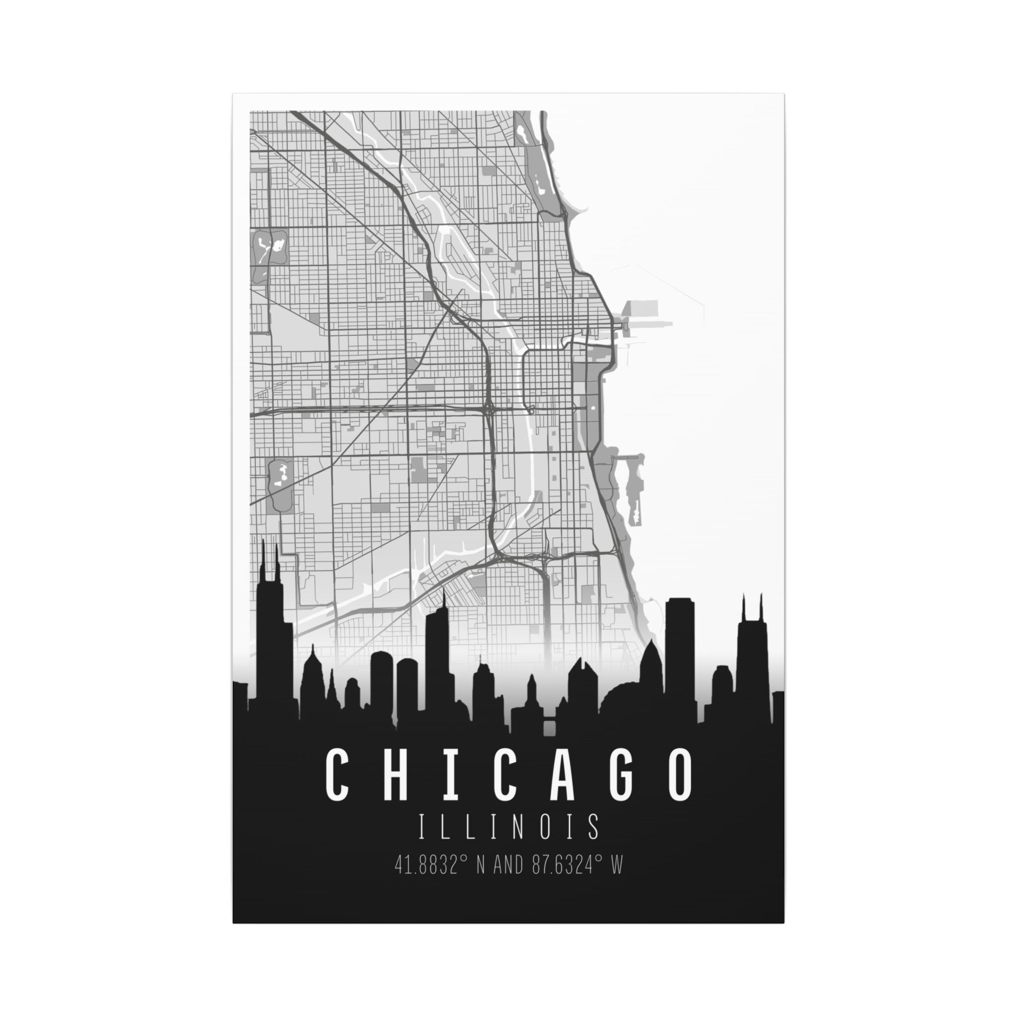 Chicago skyline map on matte canvas, city grid lines and black skyline silhouette