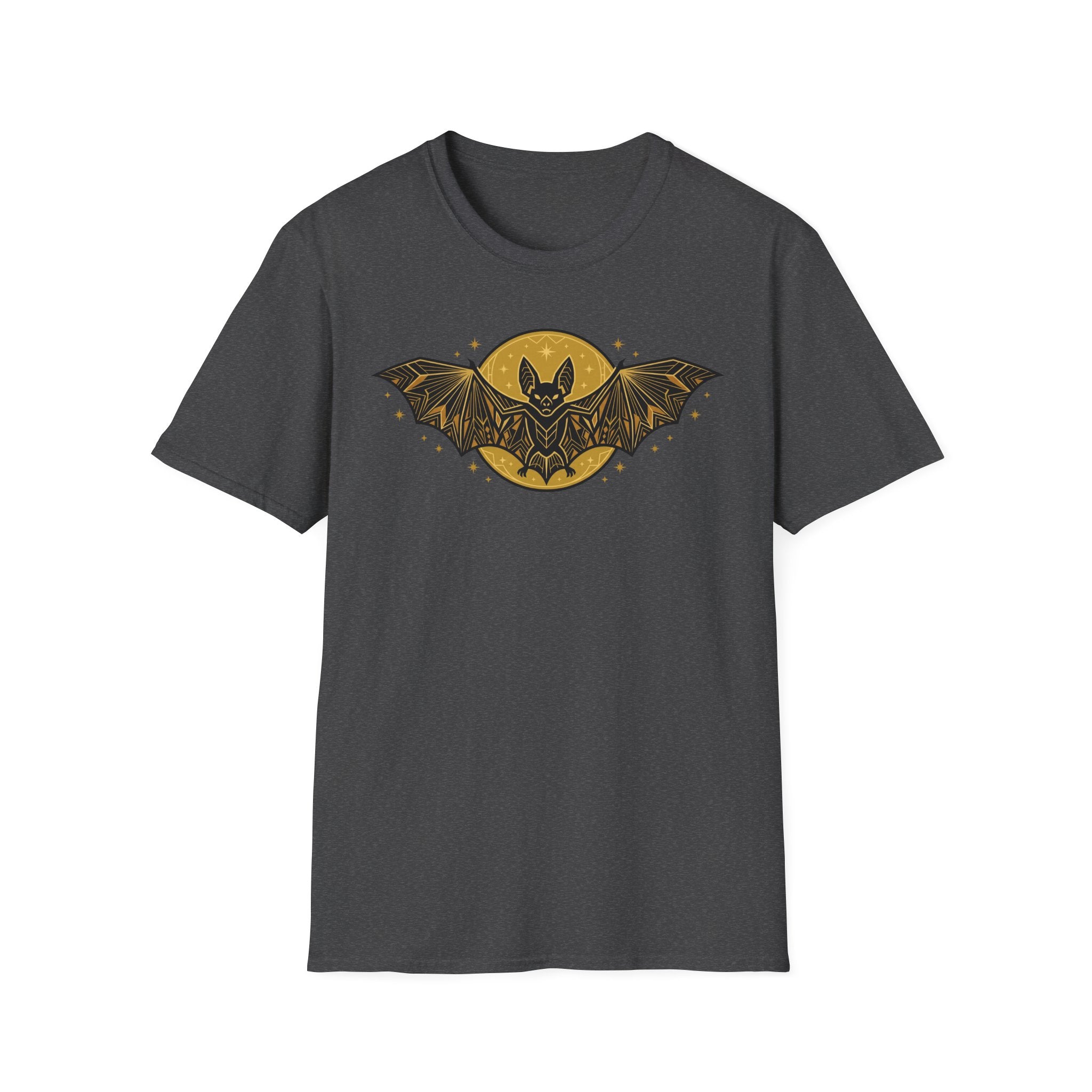 Charcoal T-shirt with gold bat and moon graphic on the front