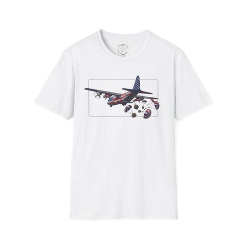 Weißes C-130 T‑Shirt: Grafik von Flugzeug mit Fallschirm-Paketen im Rahmen