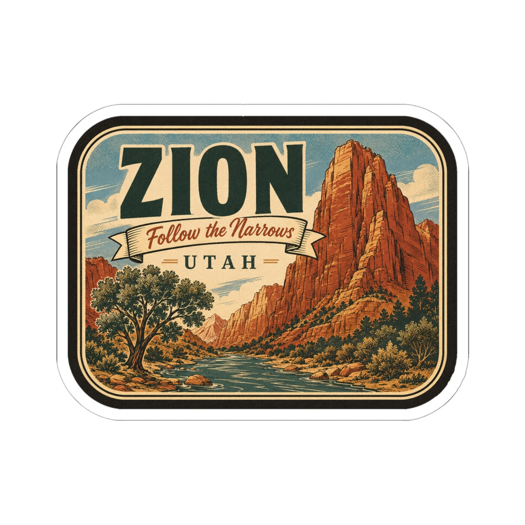 Zion retro travel decal with ZION lettering, canyon landscape, river, and UTAH label