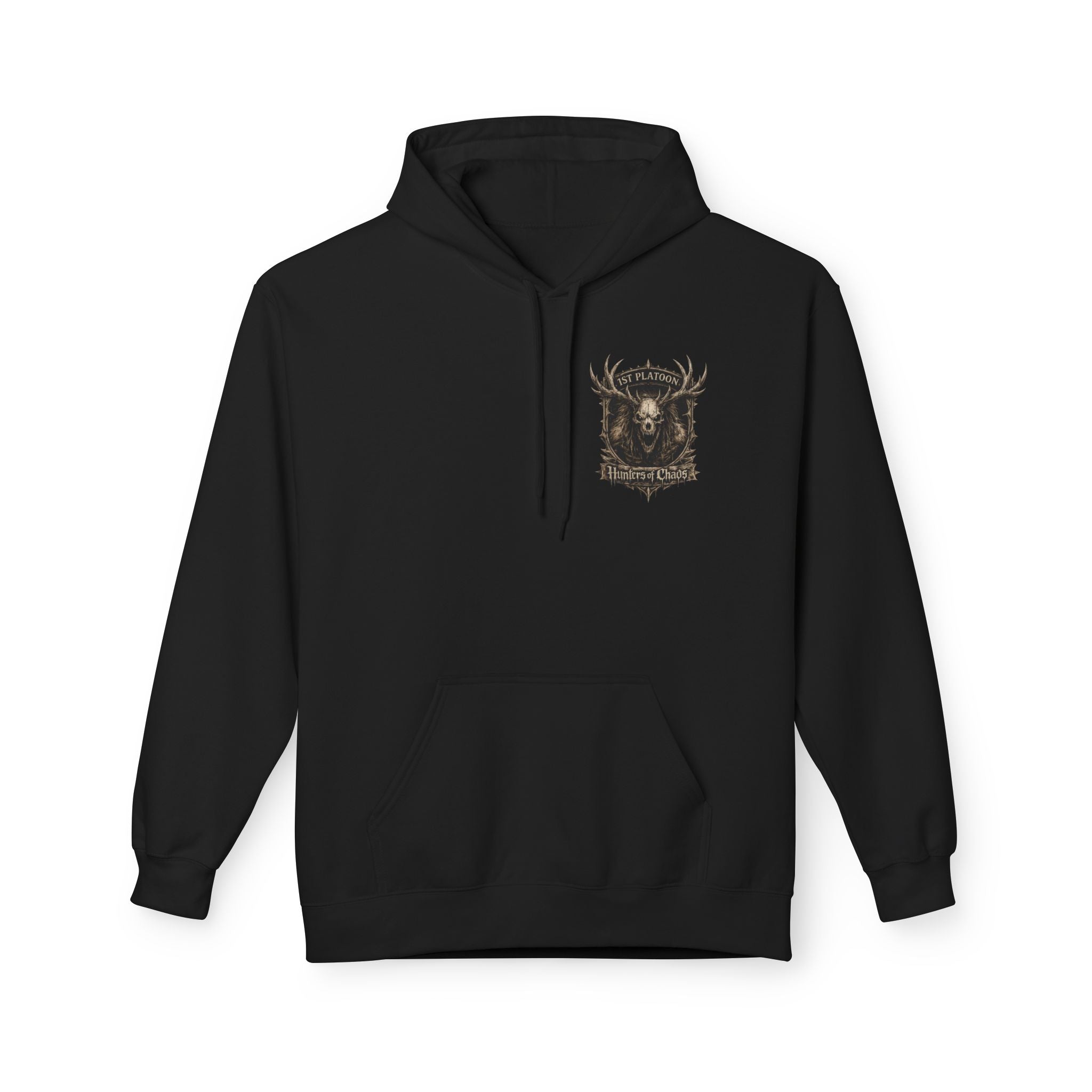 Black cotton hoodie with front kangaroo pocket and chest deer emblem graphic