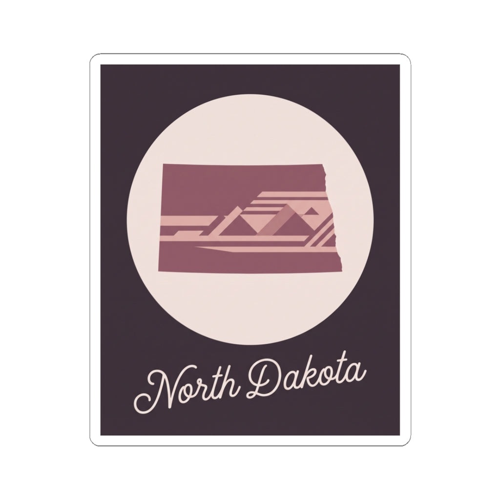 North Dakota square kiss-cut sticker with circular maroon state scene and cursive text