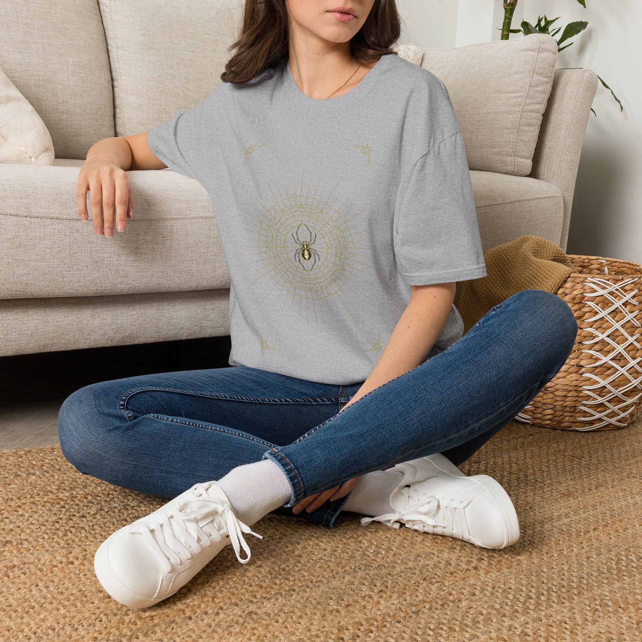 Light gray T-shirt with gold spider web mandala graphic at the center