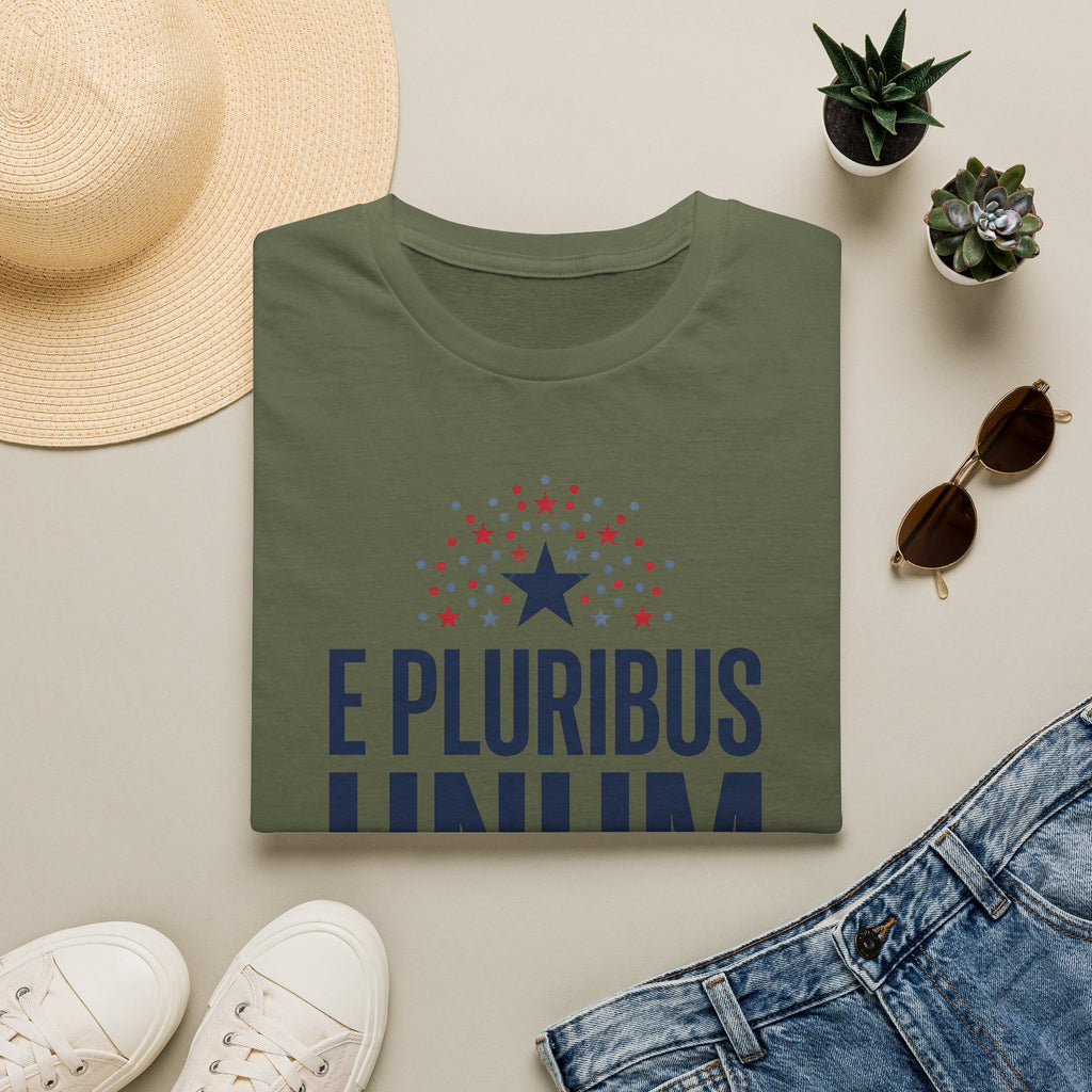 Military green patriotic T-shirt with crew neck; starburst and 'E Pluribus Unum'